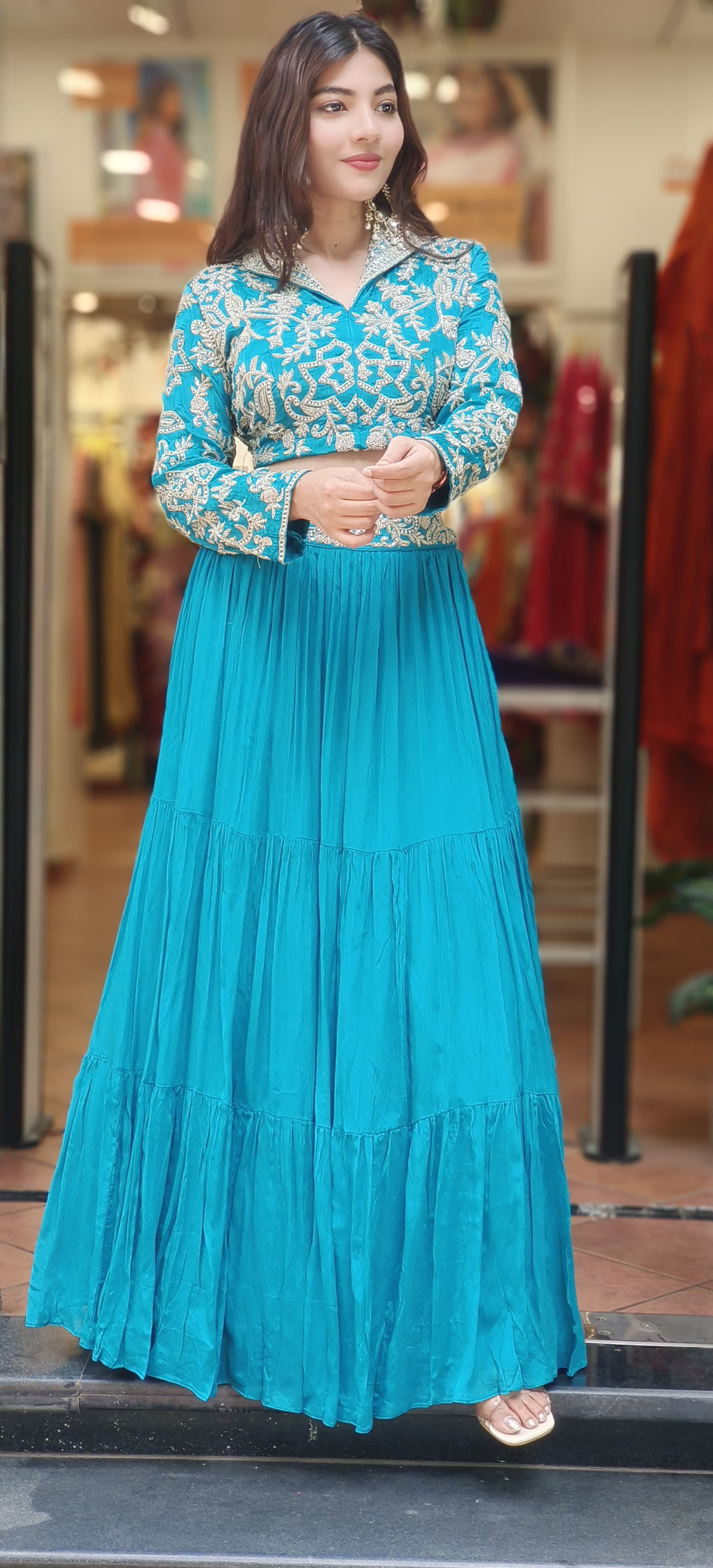 Designer Heavy Handwork Koti Collared Crop-Top With Skirt Cane-Cane Inside