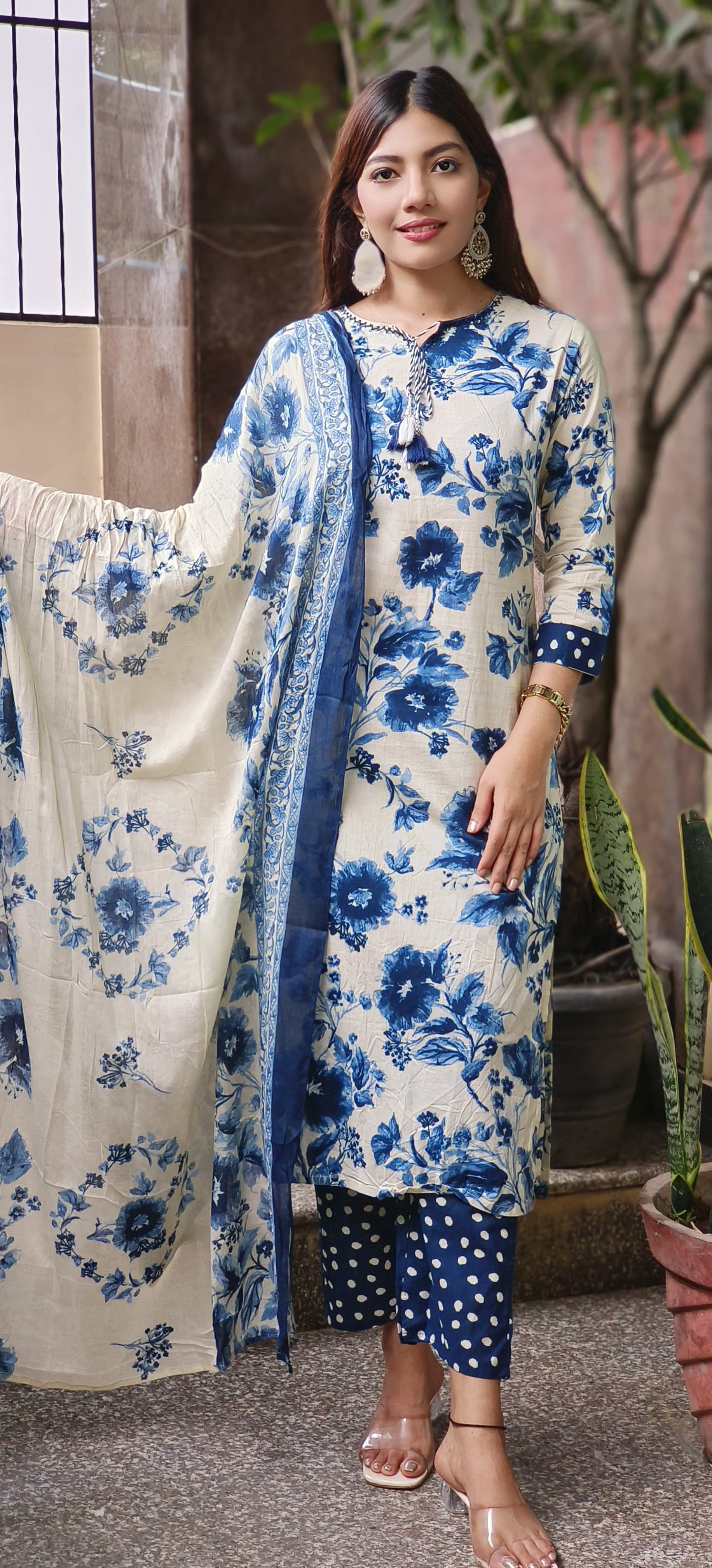 Pure Cotton Nord Neck Floral Print Full Suit With Dupatta