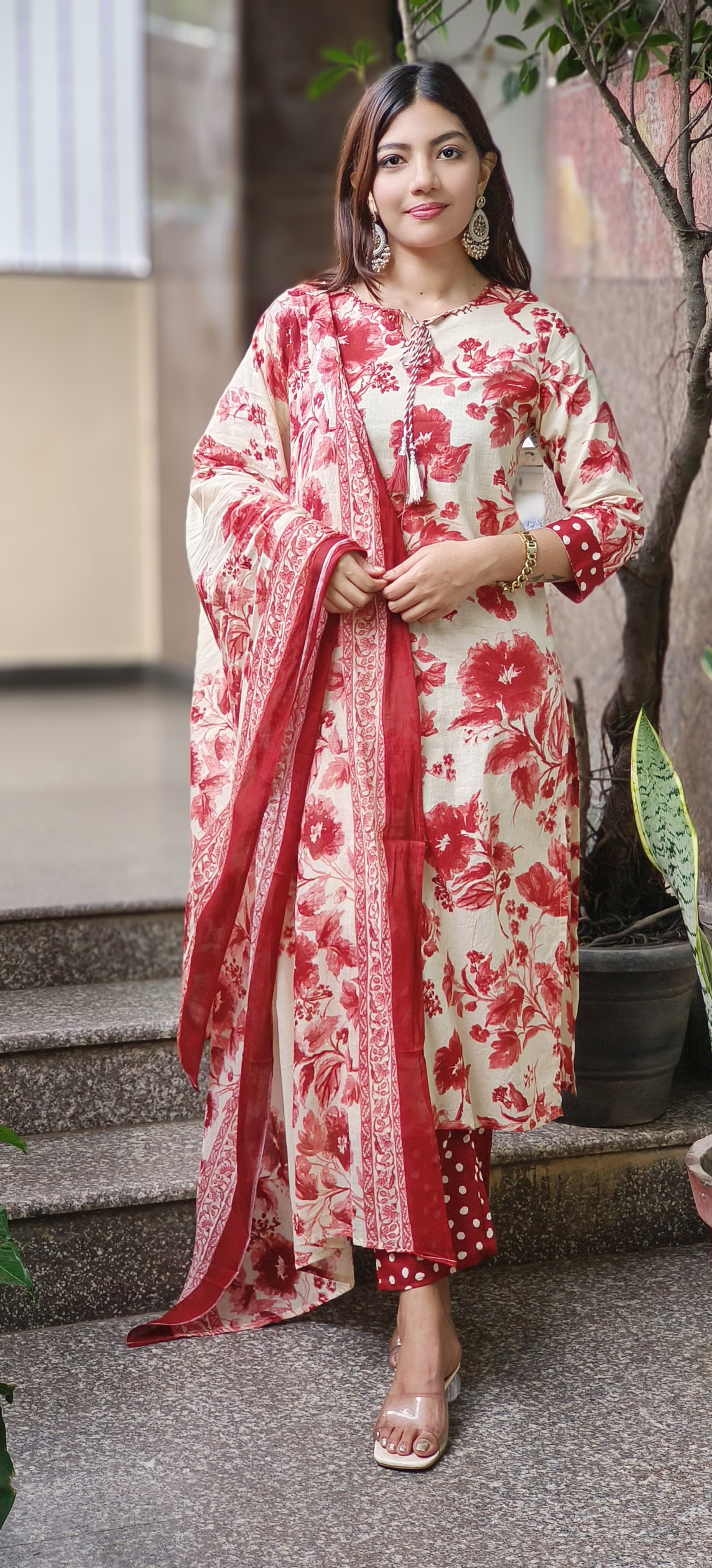 Pure Cotton Nord Neck Floral Print Full Suit With Dupatta