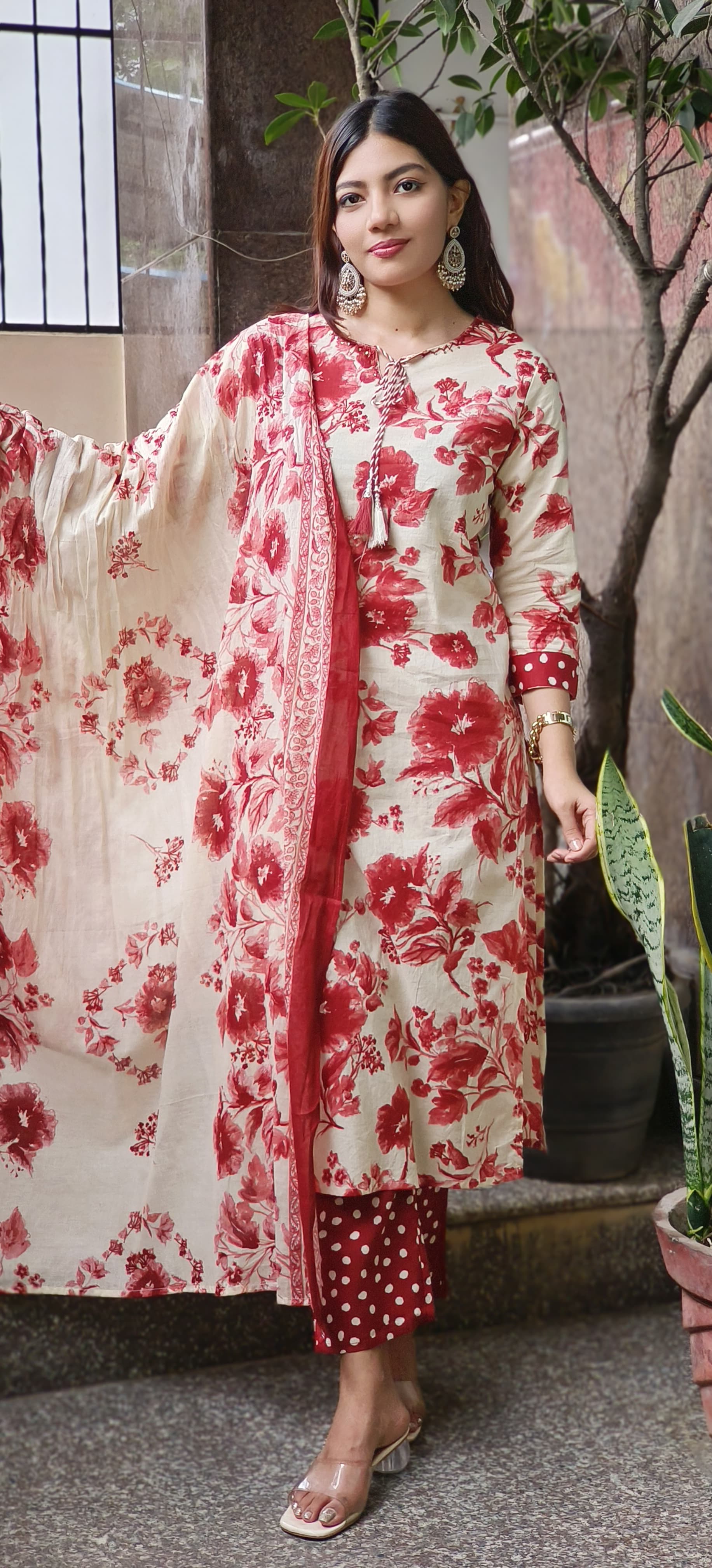 Pure Cotton Nord Neck Floral Print Full Suit With Dupatta