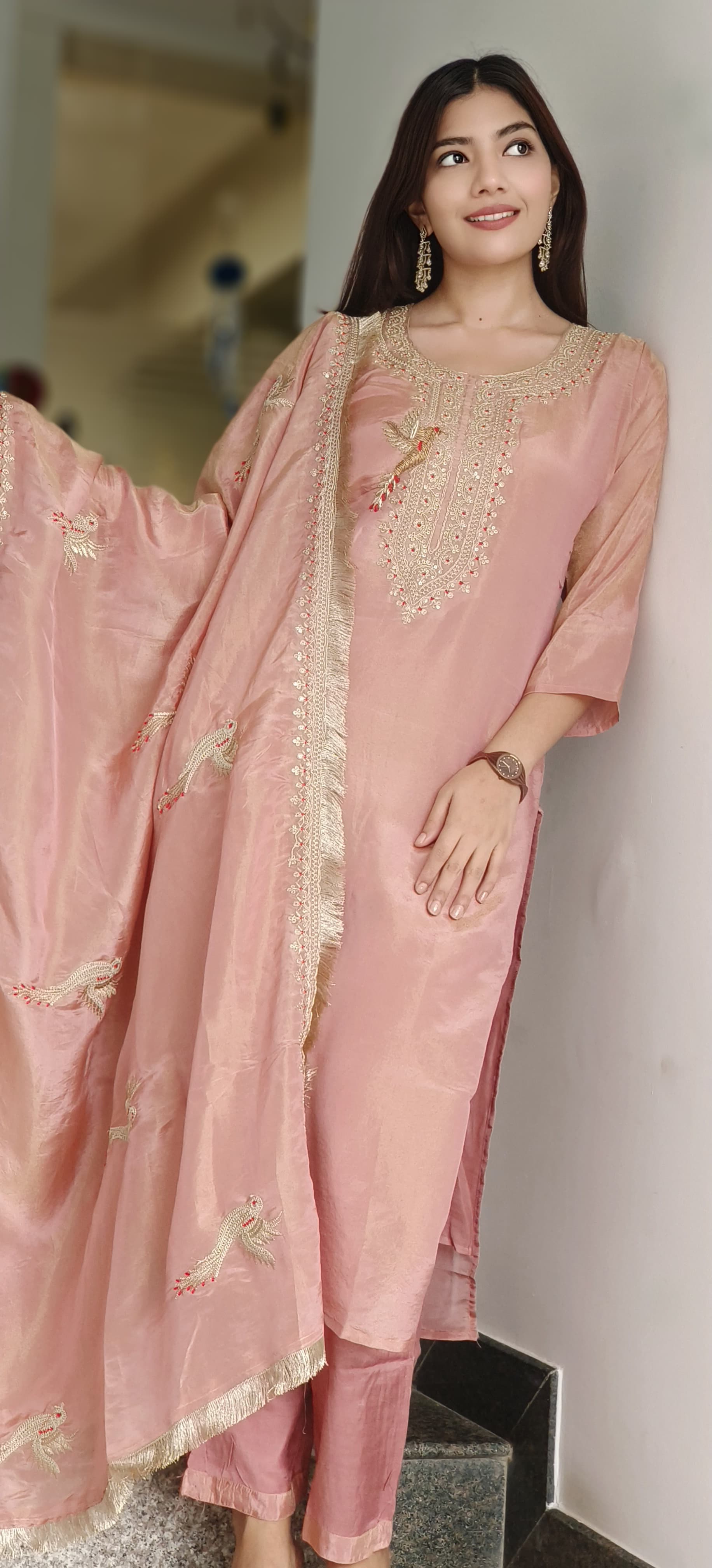 Heavy Zardosi Work Full Suit Set With Beautiful Bordered Dupatta In Tissue Fabric