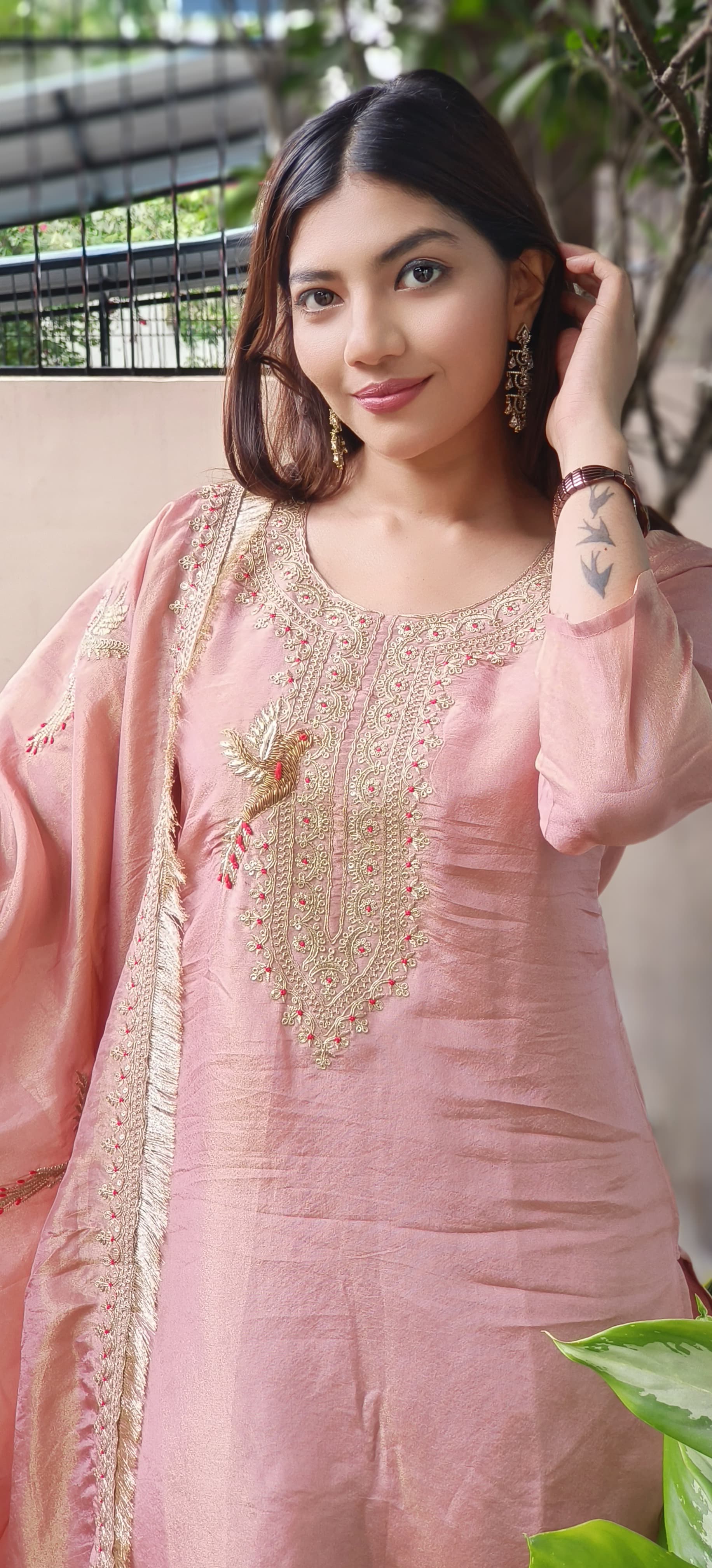 Heavy Zardosi Work Full Suit Set With Beautiful Bordered Dupatta In Tissue Fabric