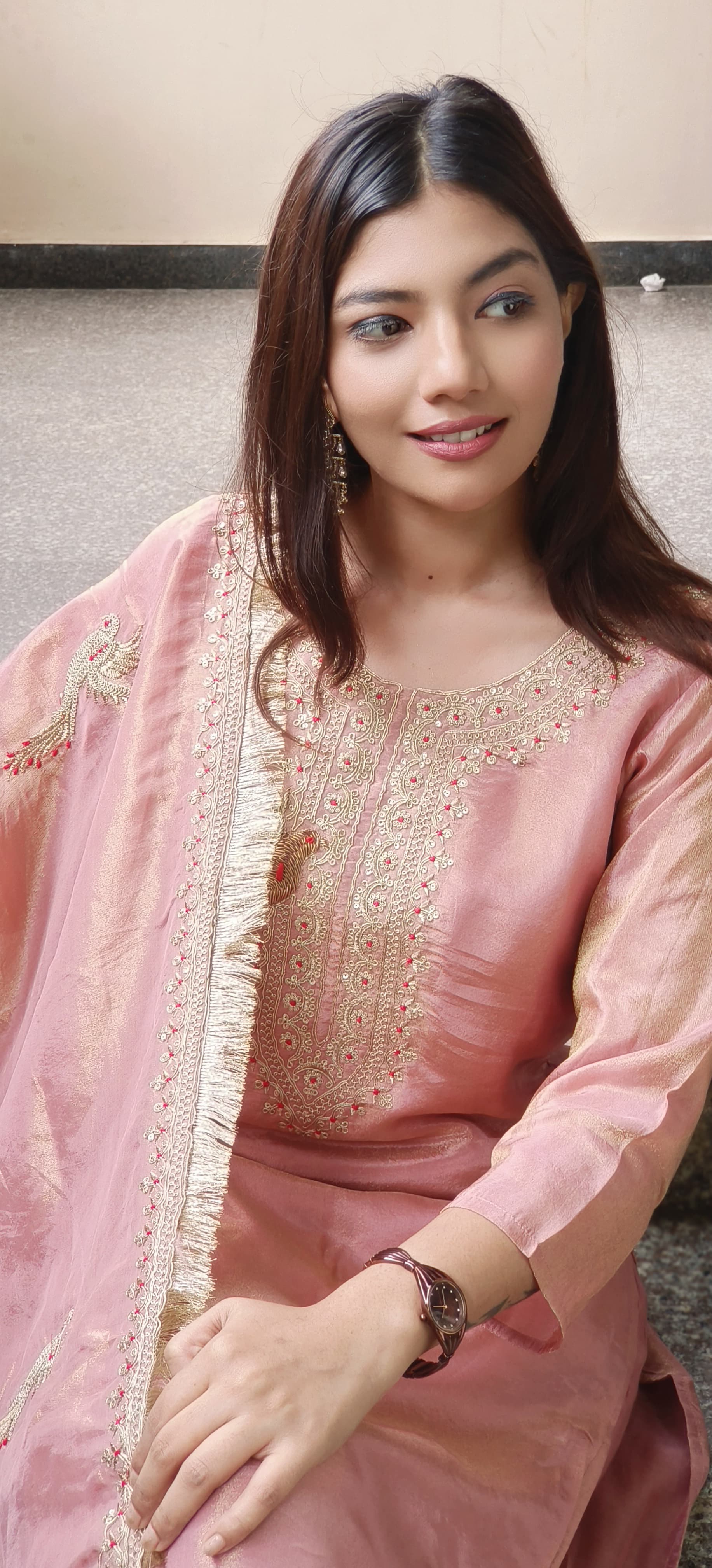 Heavy Zardosi Work Full Suit Set With Beautiful Bordered Dupatta In Tissue Fabric