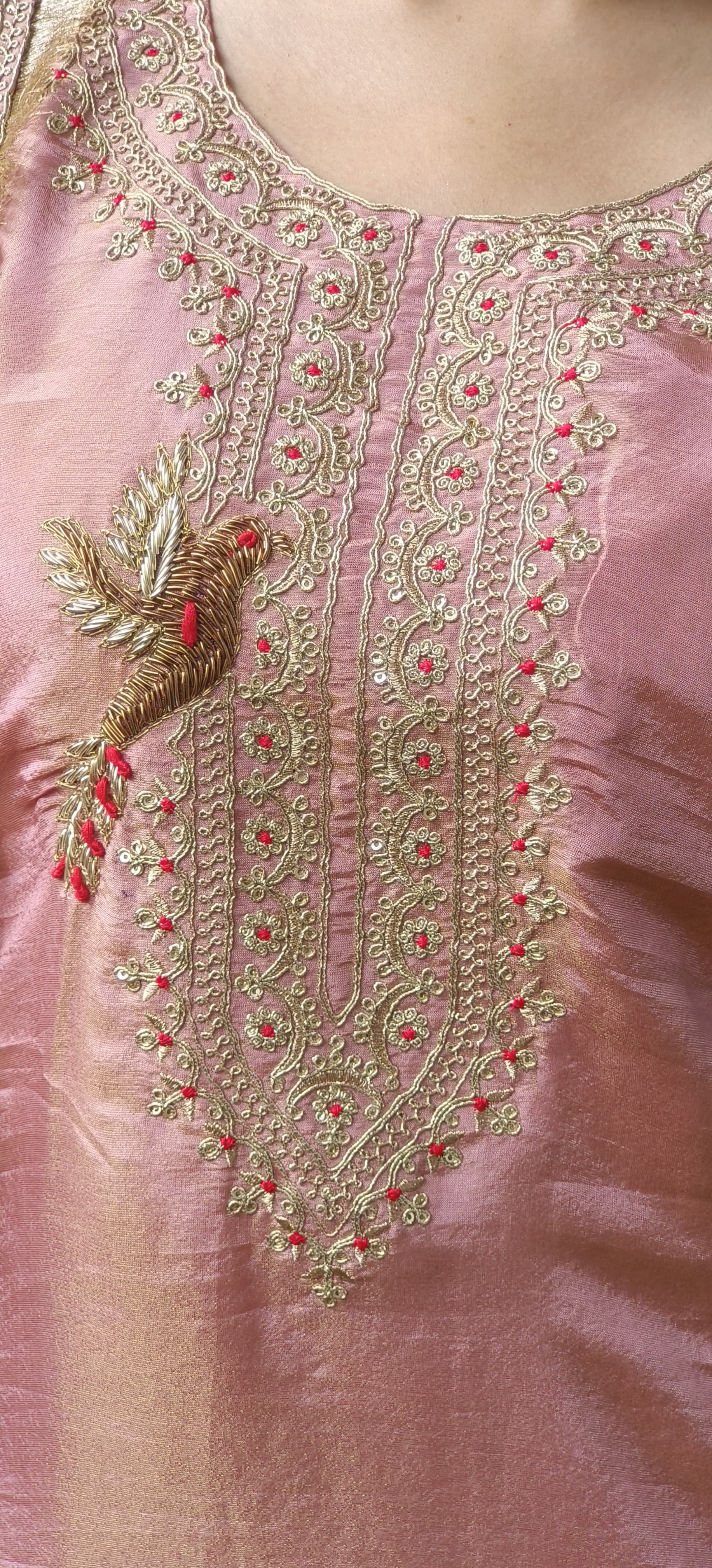 Heavy Zardosi Work Full Suit Set With Beautiful Bordered Dupatta In Tissue Fabric