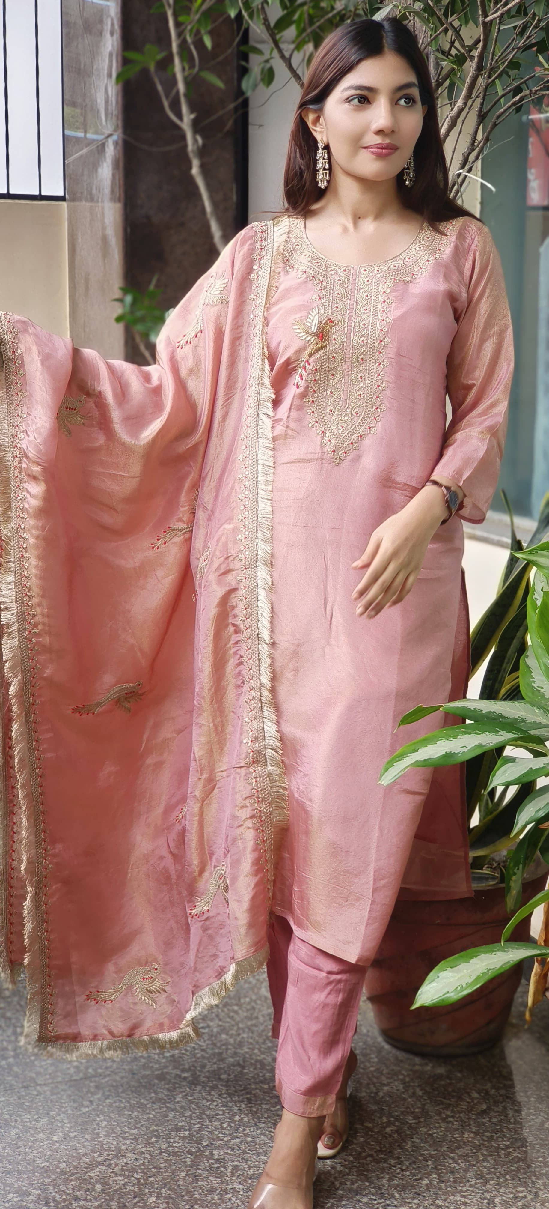 Heavy Zardosi Work Full Suit Set With Beautiful Bordered Dupatta In Tissue Fabric