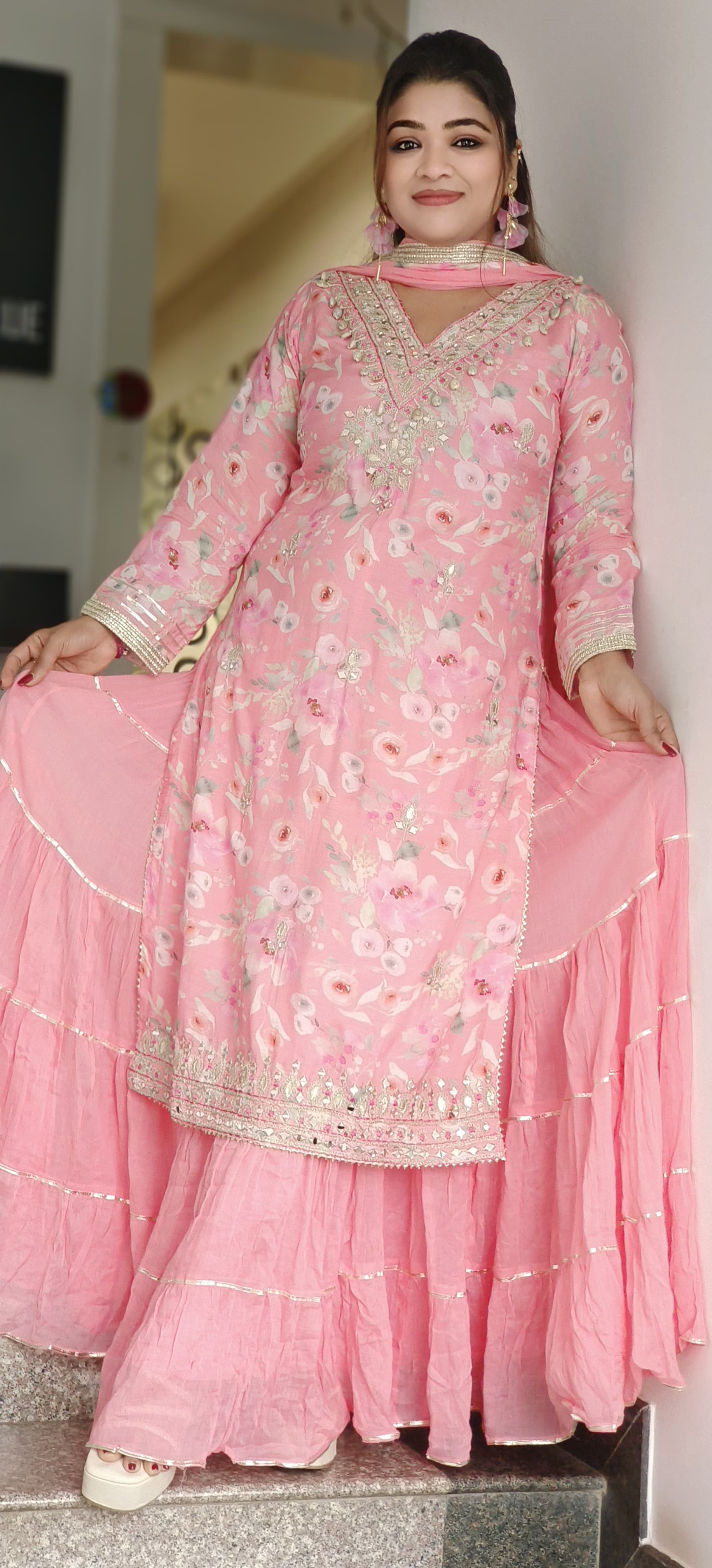 Soft Glamour Light-Toned Layered Gown With Subtle Embroidery
