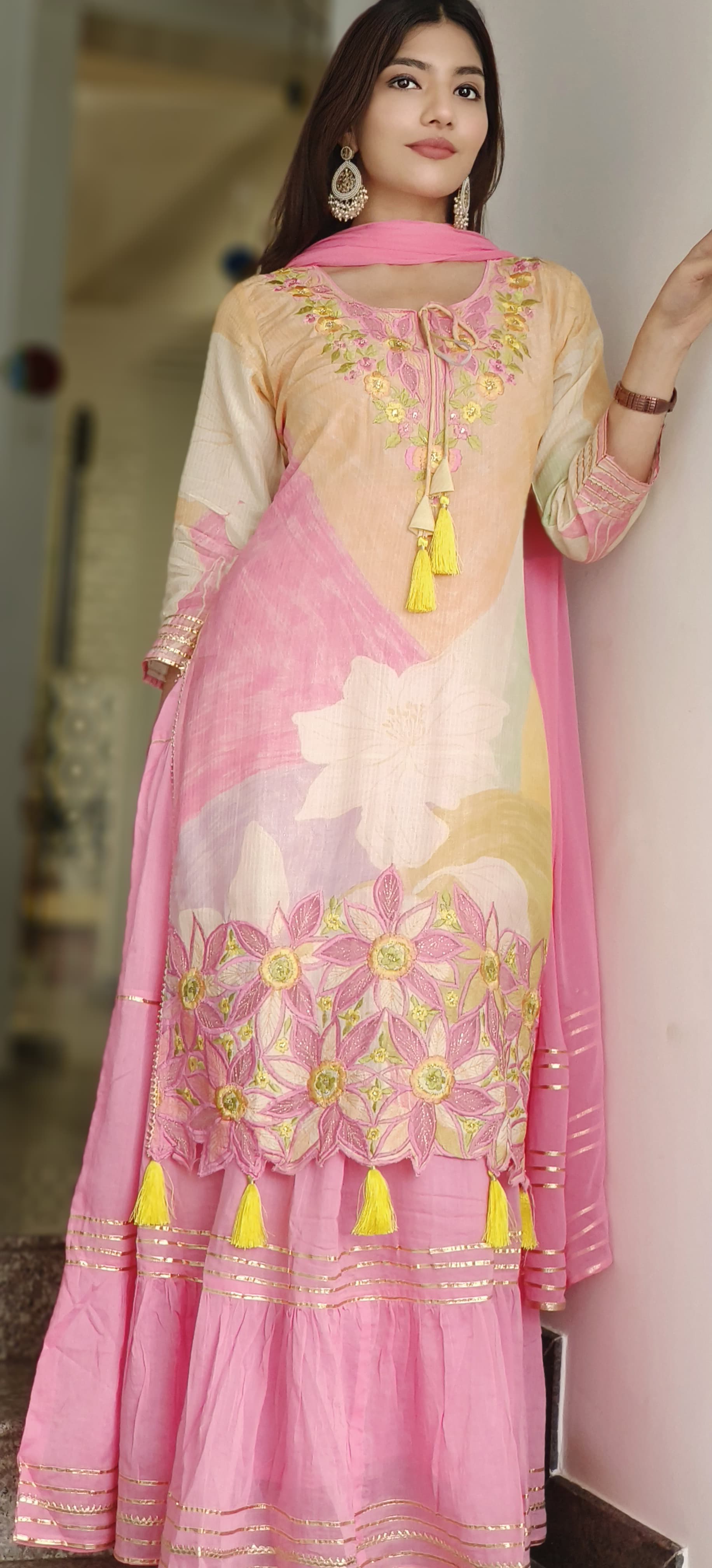Beautiful Light Shade Embroidered Double Layered Gown