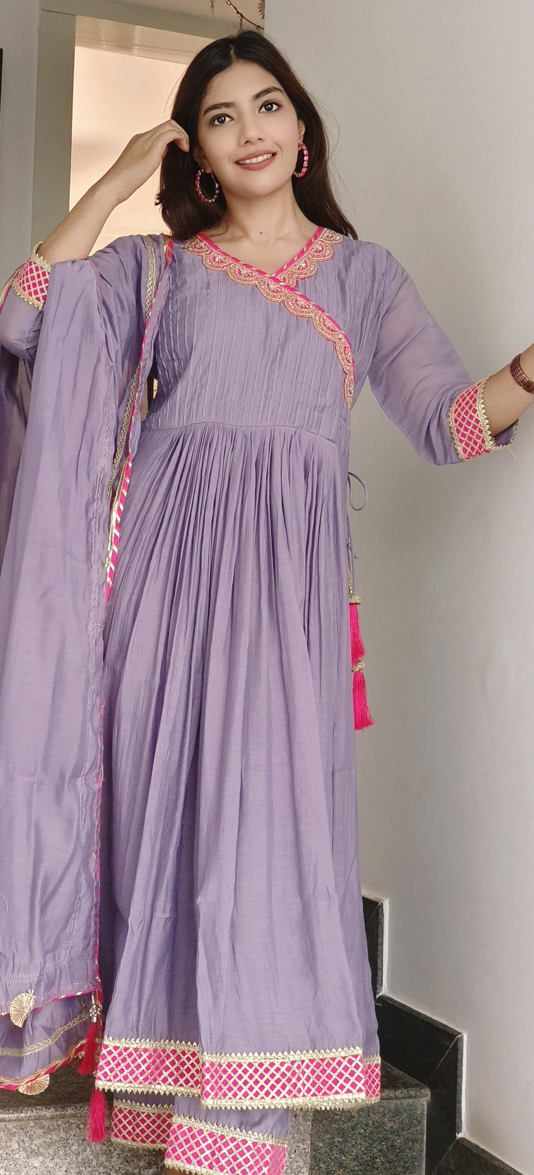 Gotta Angrakha Style Classic Pastel Shade Chanderi Full Suit Set 10393 hu