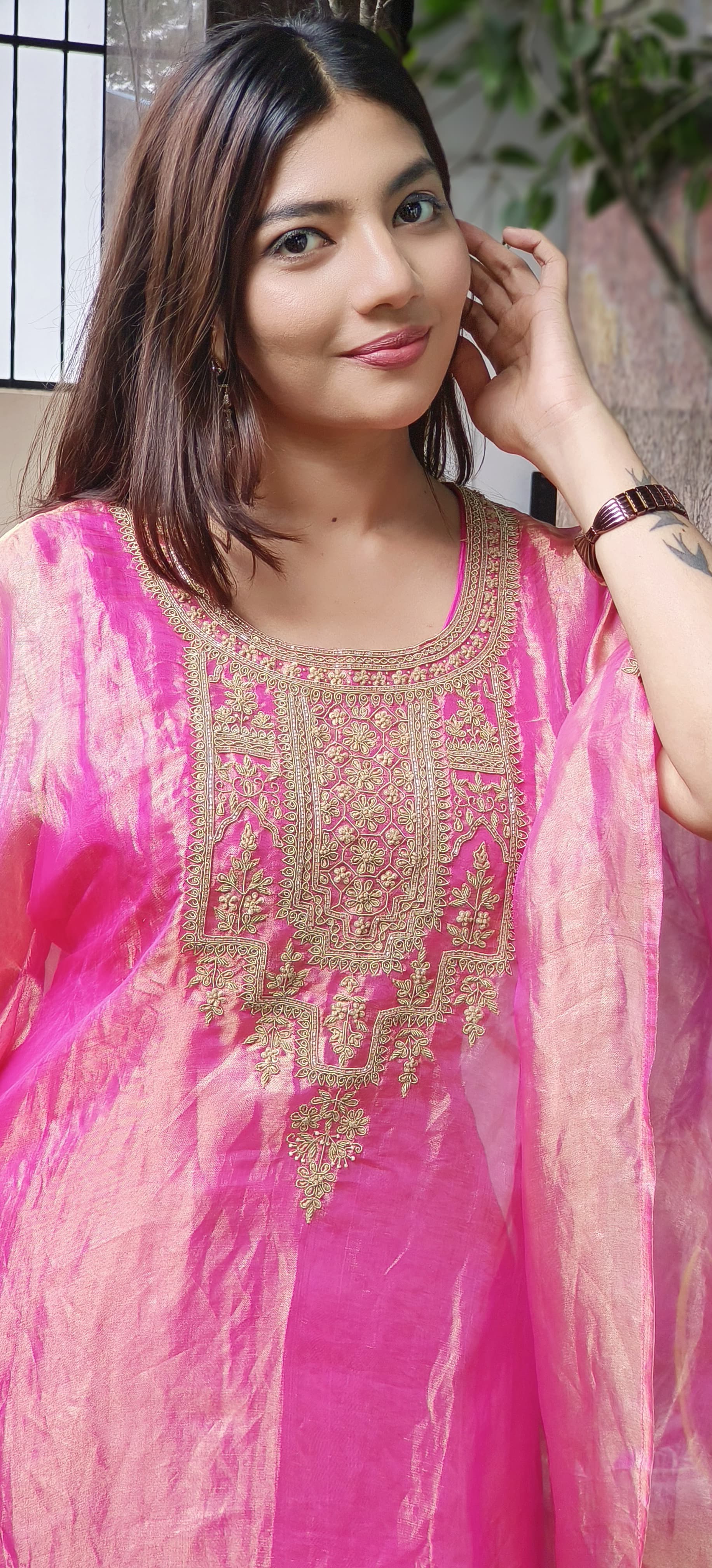 Real Tissue Front Handwork Kaftan(Inner Inside) Set With Crepe Bottom