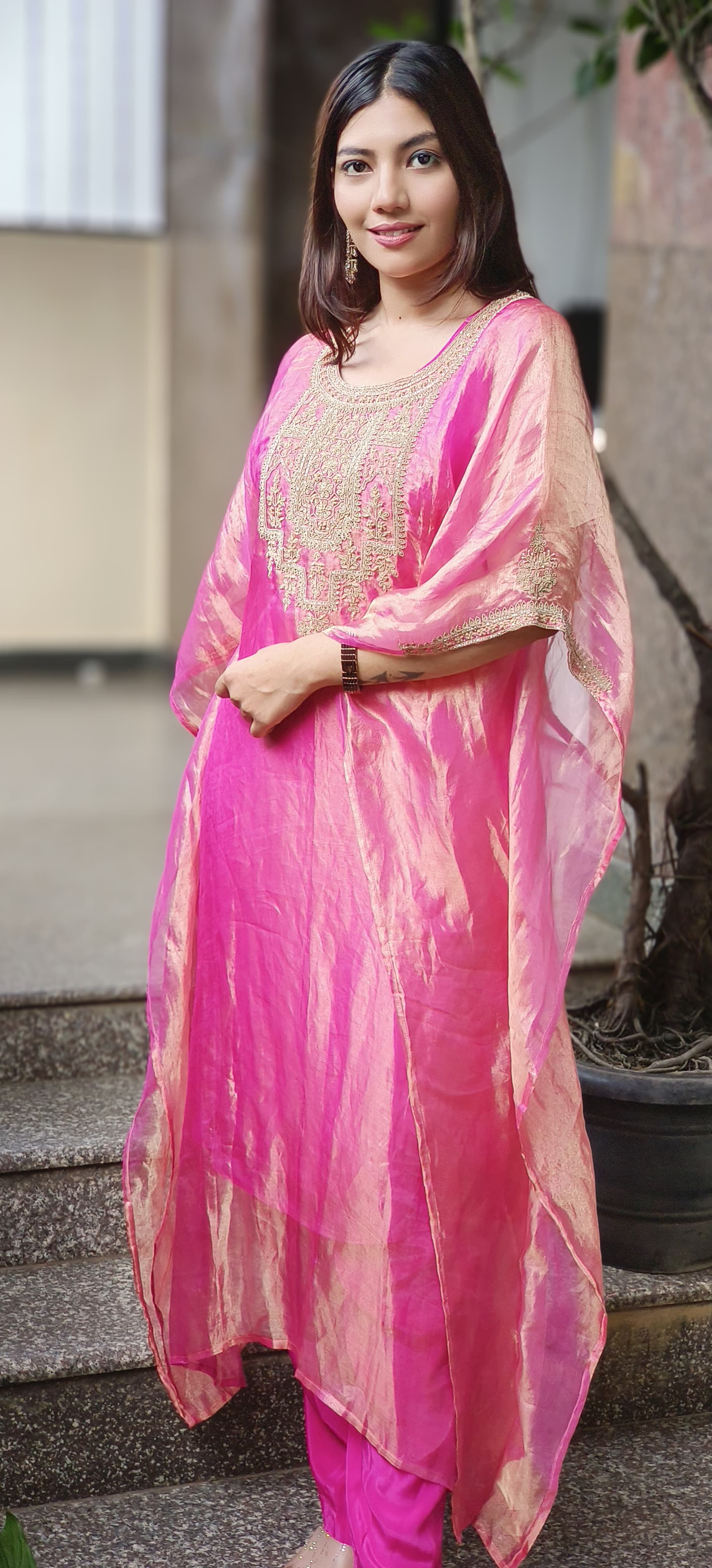 Real Tissue Front Handwork Kaftan(Inner Inside) Set With Crepe Bottom