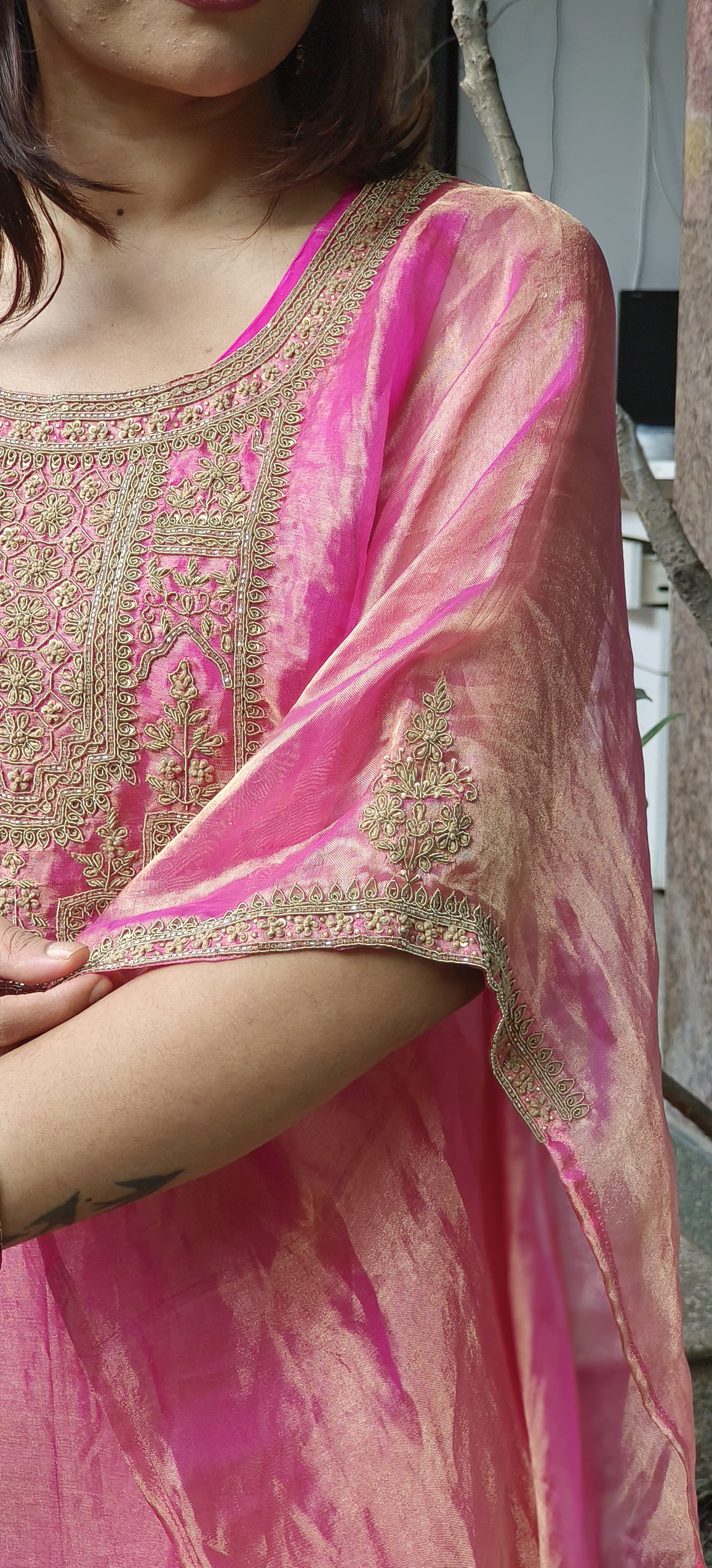 Real Tissue Front Handwork Kaftan(Inner Inside) Set With Crepe Bottom