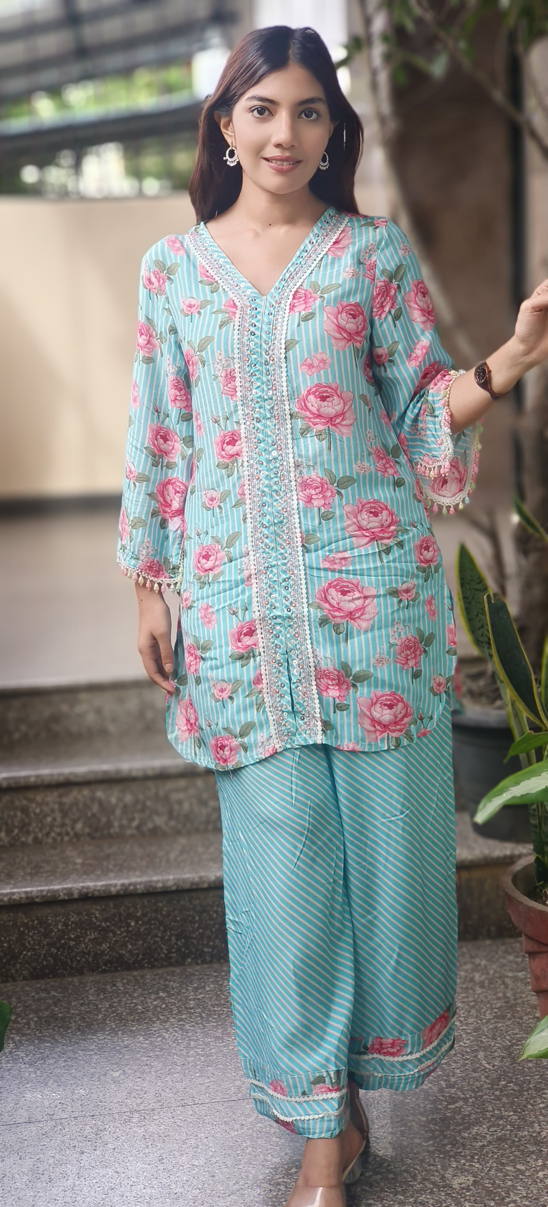 Crosia Lace With Pearl Work Floral Kurta Pant Set