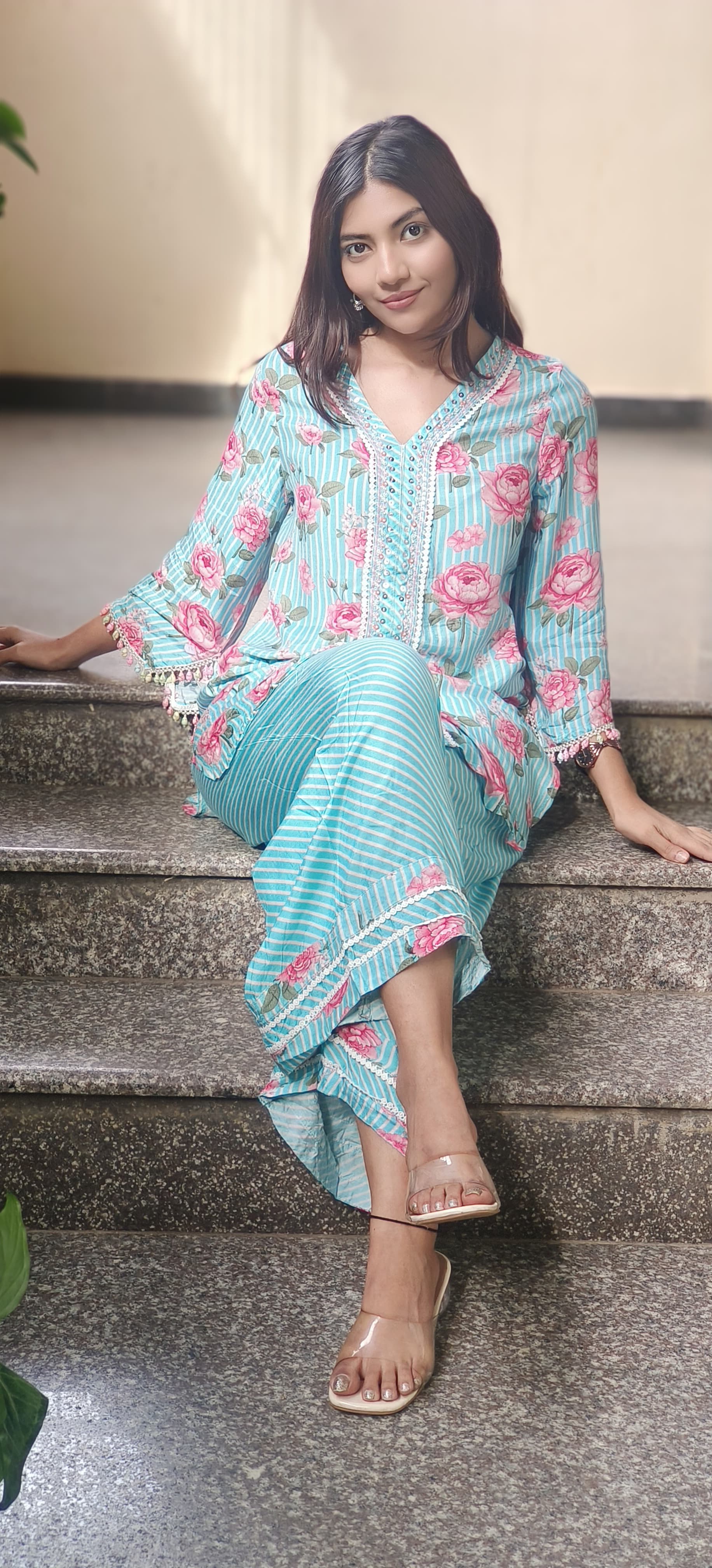 Crosia Lace With Pearl Work Floral Kurta Pant Set