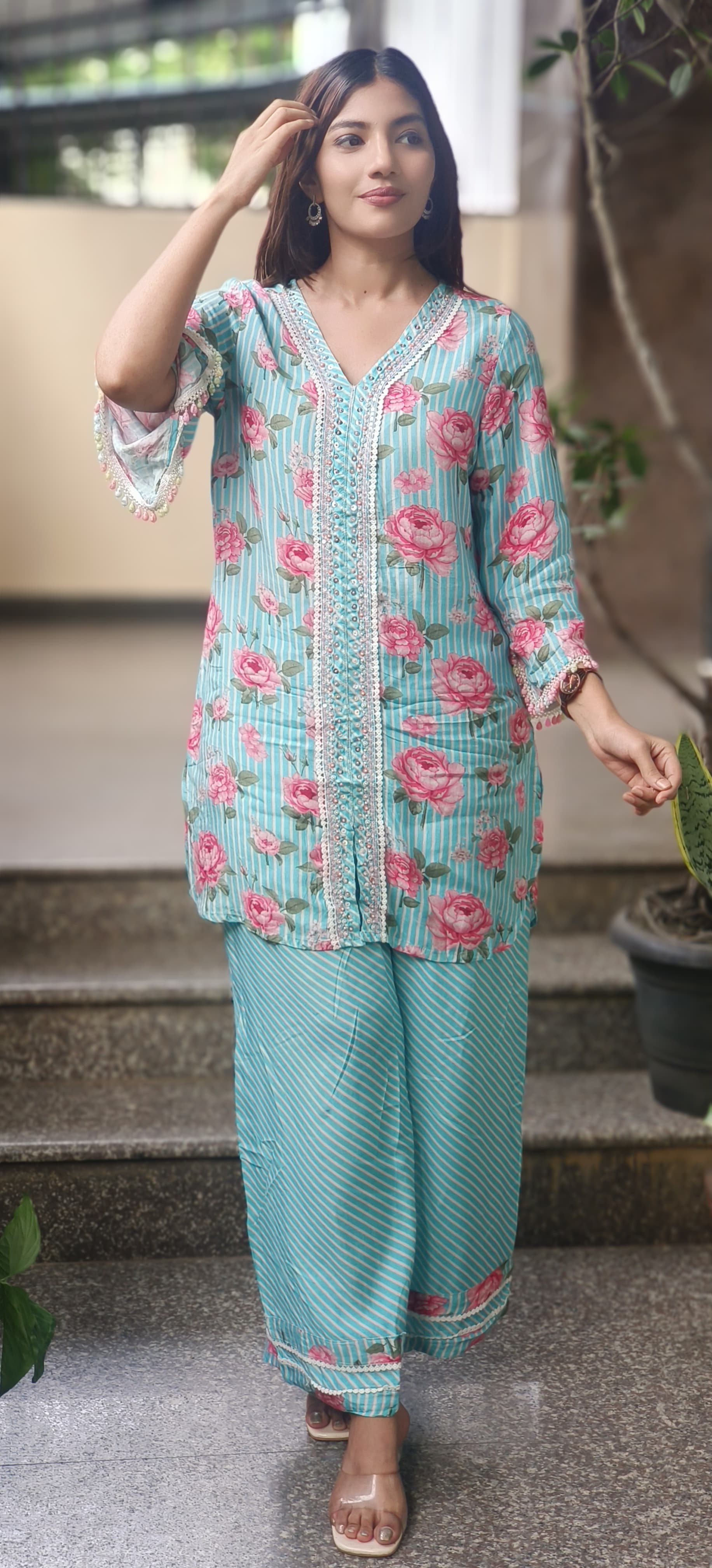 Crosia Lace With Pearl Work Floral Kurta Pant Set
