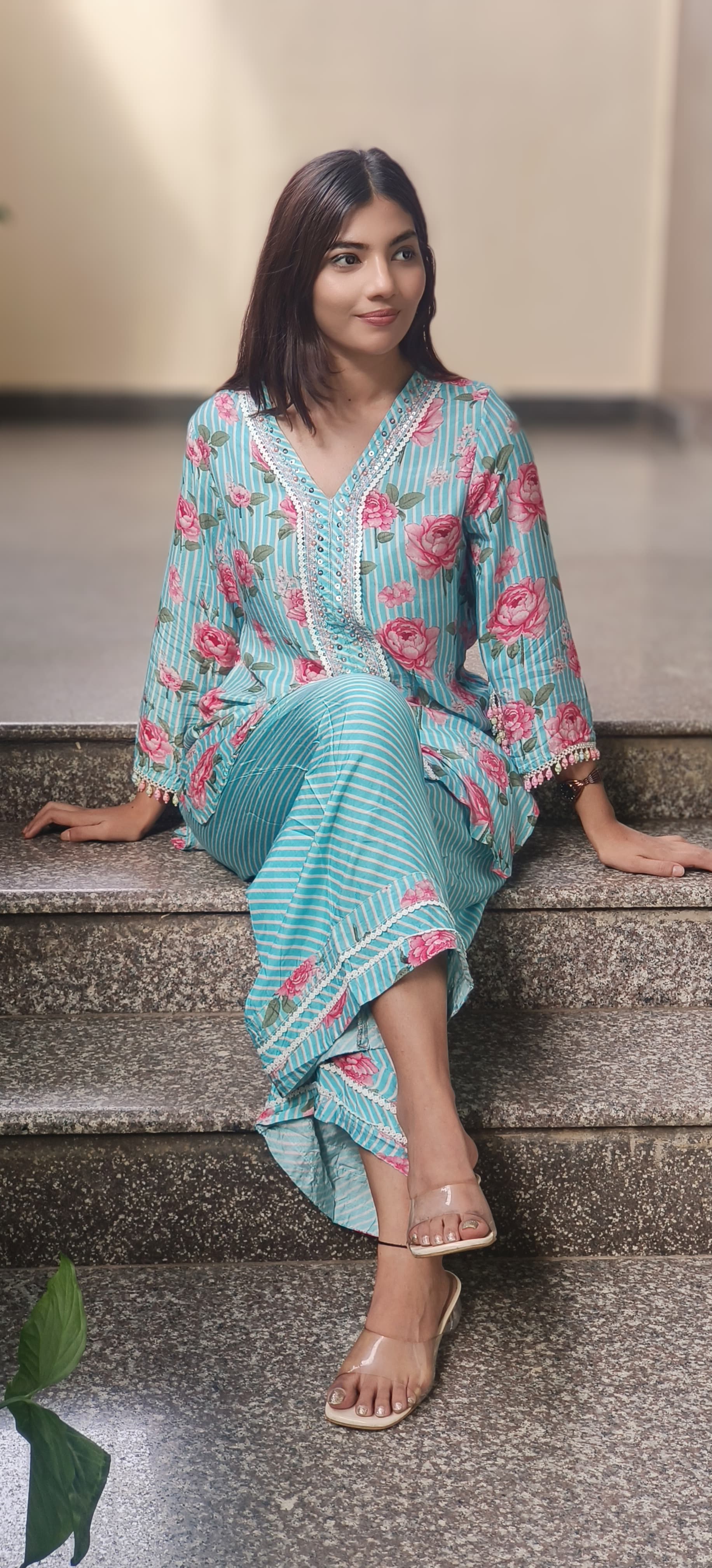 Crosia Lace With Pearl Work Floral Kurta Pant Set