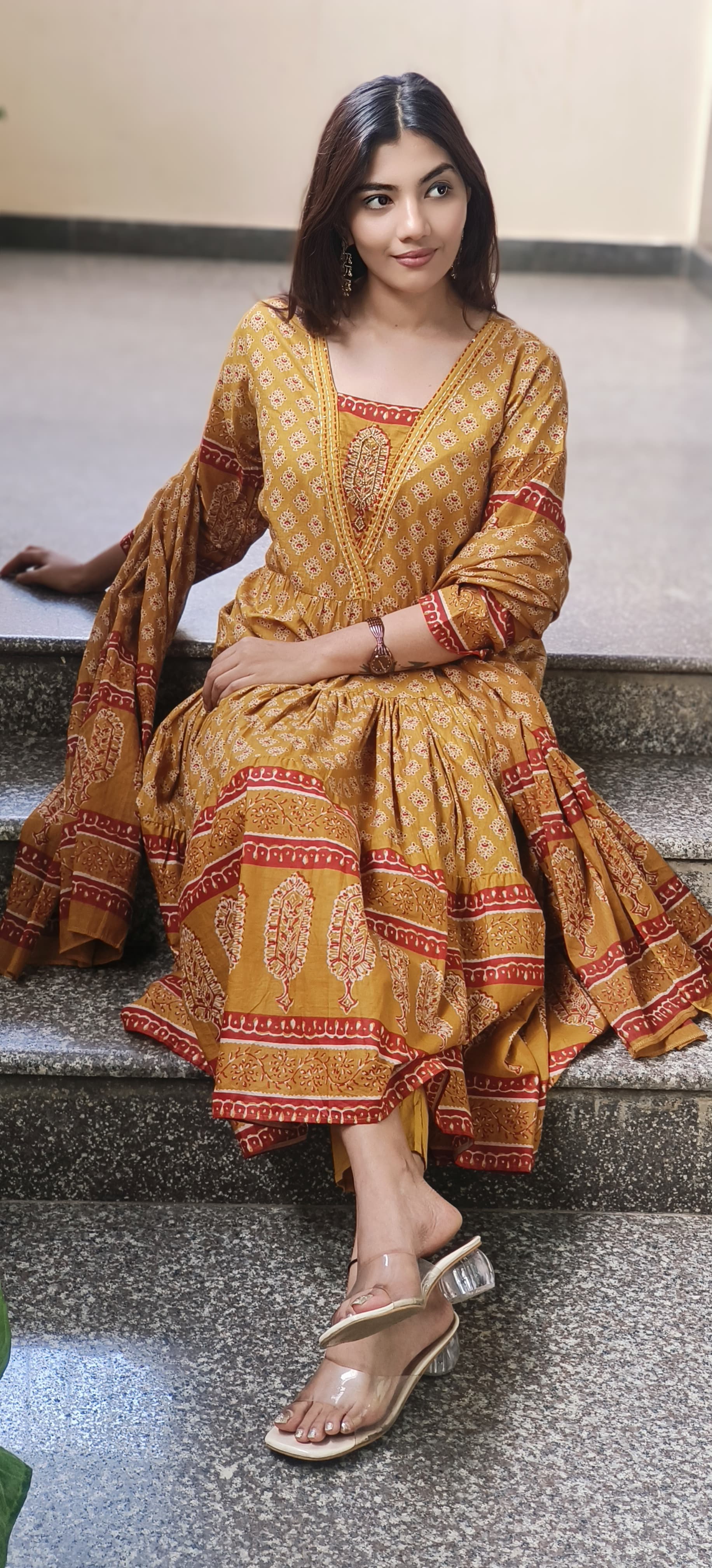 Cotton Printed Embroidered Neck Anarkali Full Suit Set With Dupatta