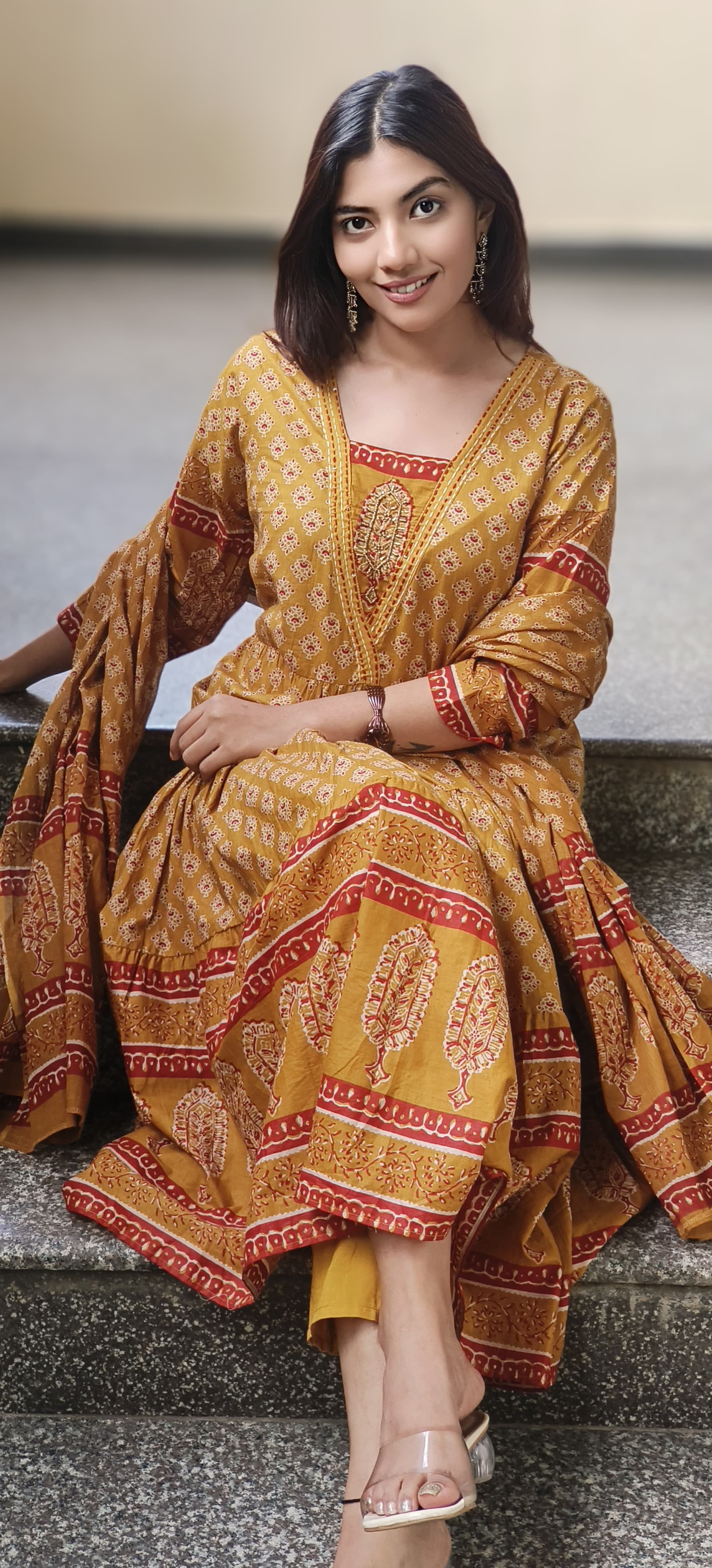 Cotton Printed Embroidered Neck Anarkali Full Suit Set With Dupatta