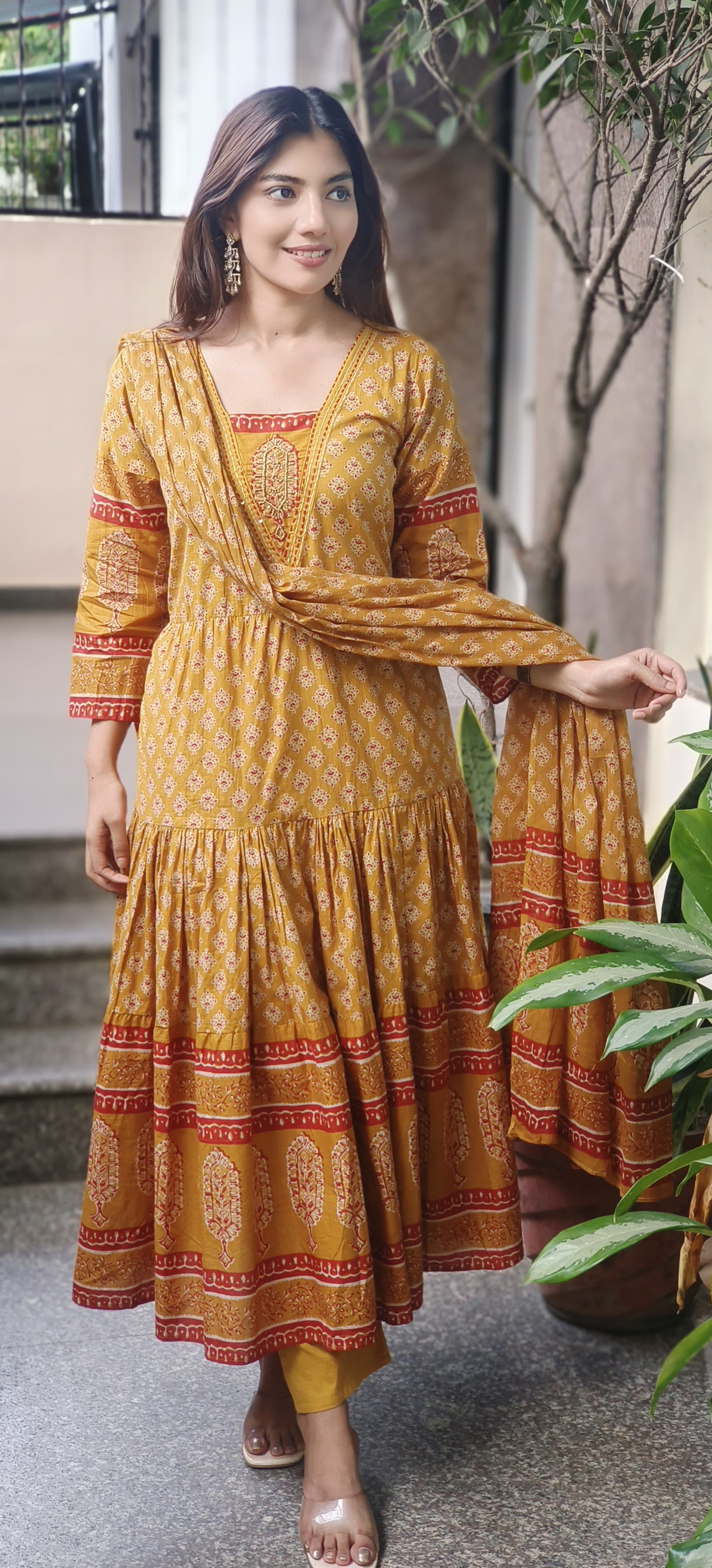 Cotton Printed Embroidered Neck Anarkali Full Suit Set With Dupatta