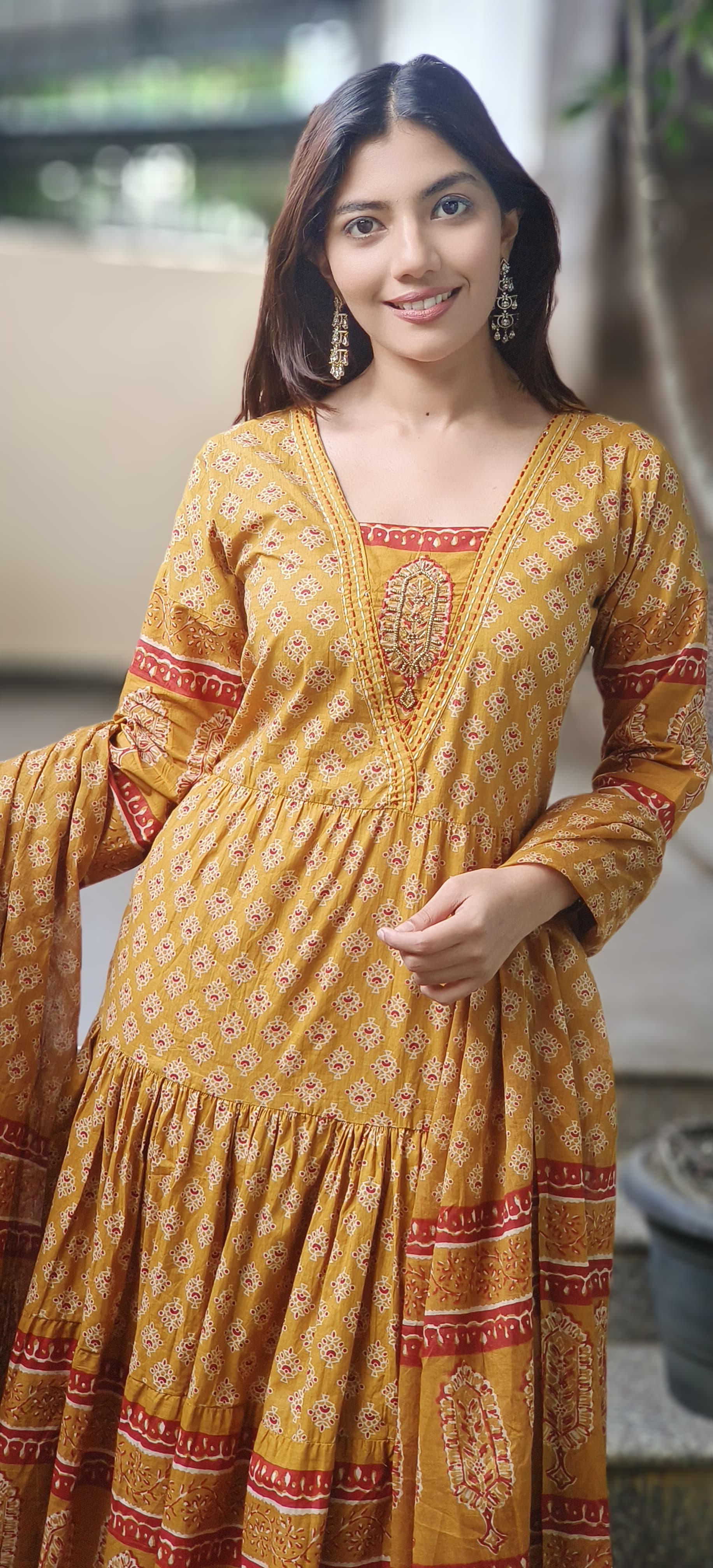 Cotton Printed Embroidered Neck Anarkali Full Suit Set With Dupatta