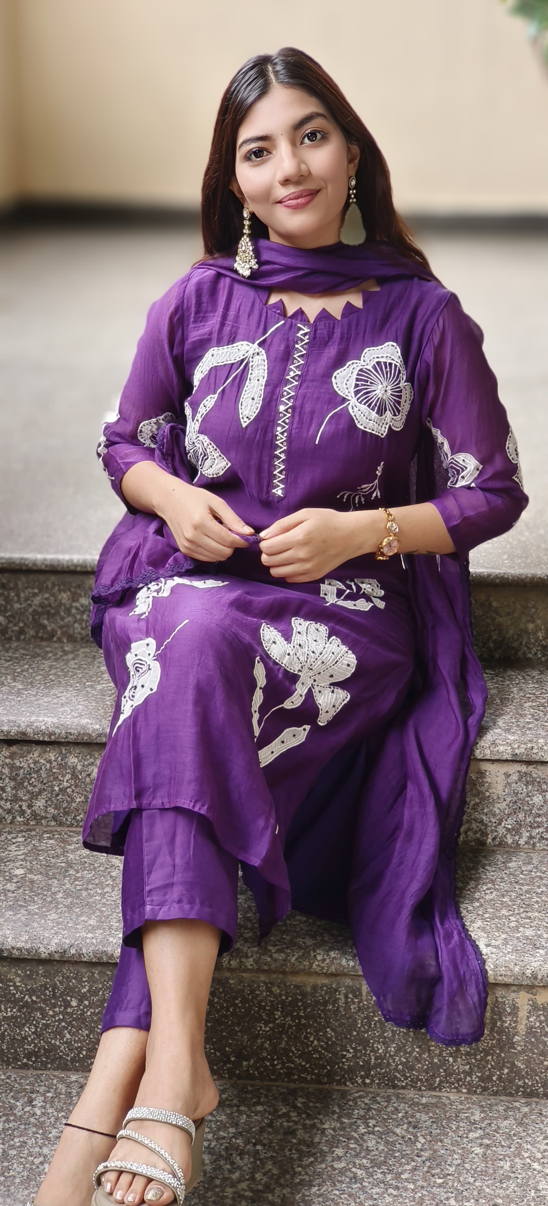 Thread Embroidery With Slight Katha Stich Full Suit Set With Dupatta In Mul Chanderi Fabric