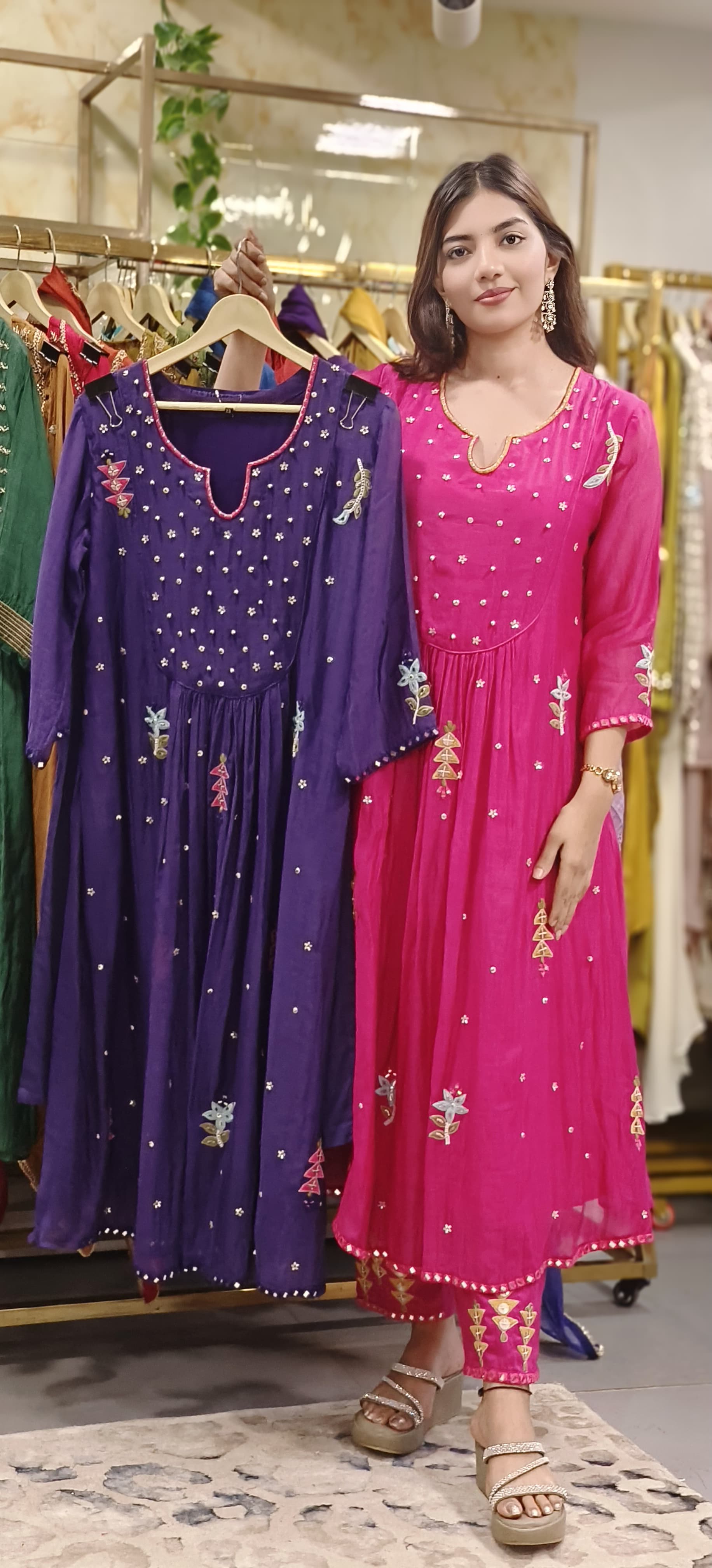 Front U-Yoke Embroidery Minimal Work A-Line Kurta Pant Set In Mul Chanderi Fabric