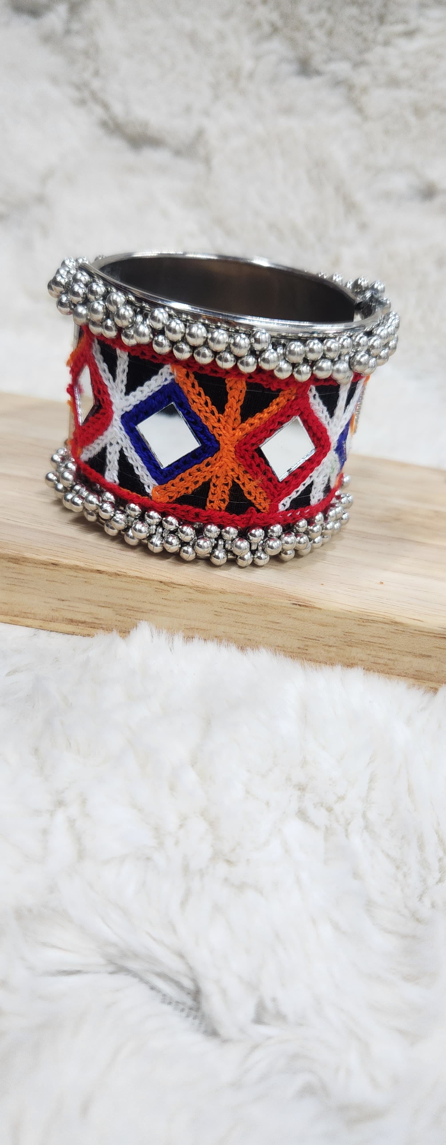 Tribal Mirror Work Banjara Cuff Bracelet with Antique Silver Beads & Multicolor Embroidery