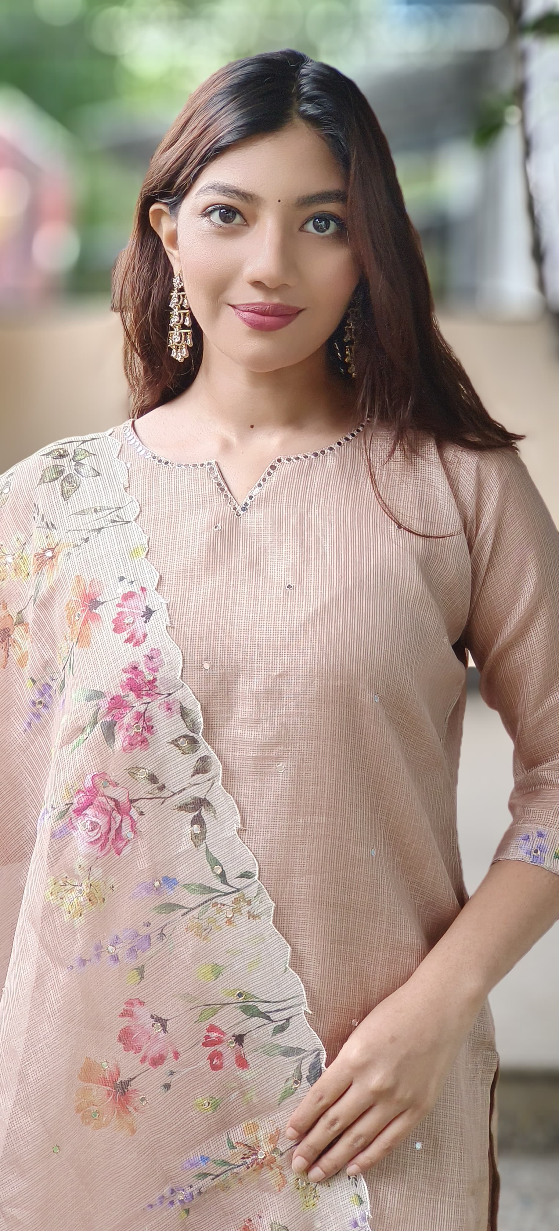 Kora Silk Checks Floral Cutwork Bordered Full Suit Set With Dupatta