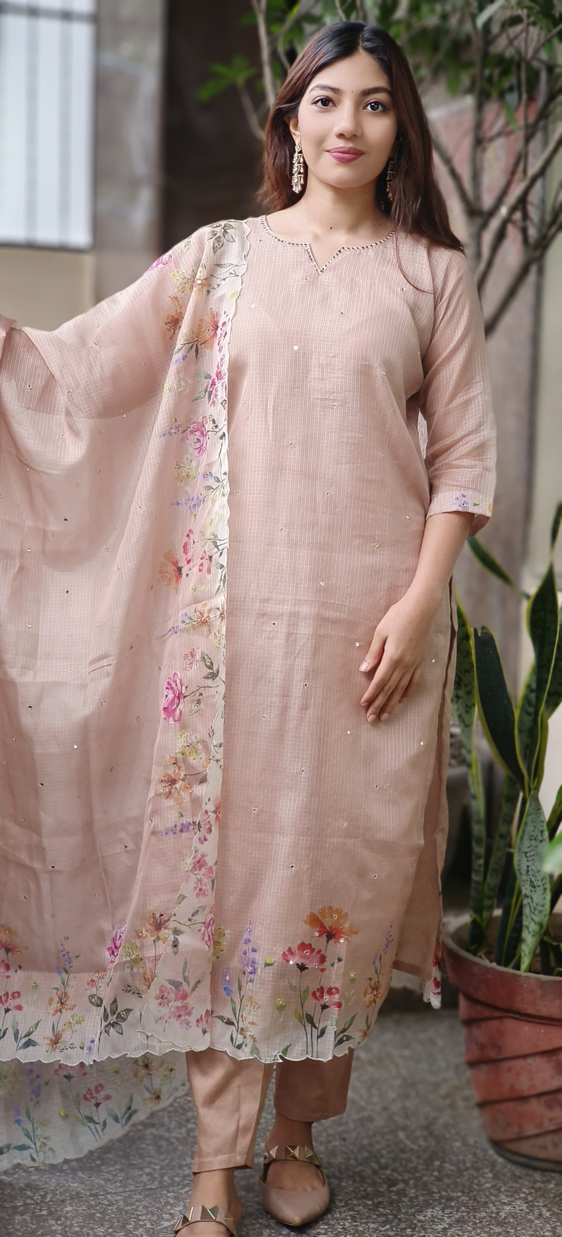 Kora Silk Checks Floral Cutwork Bordered Full Suit Set With Dupatta