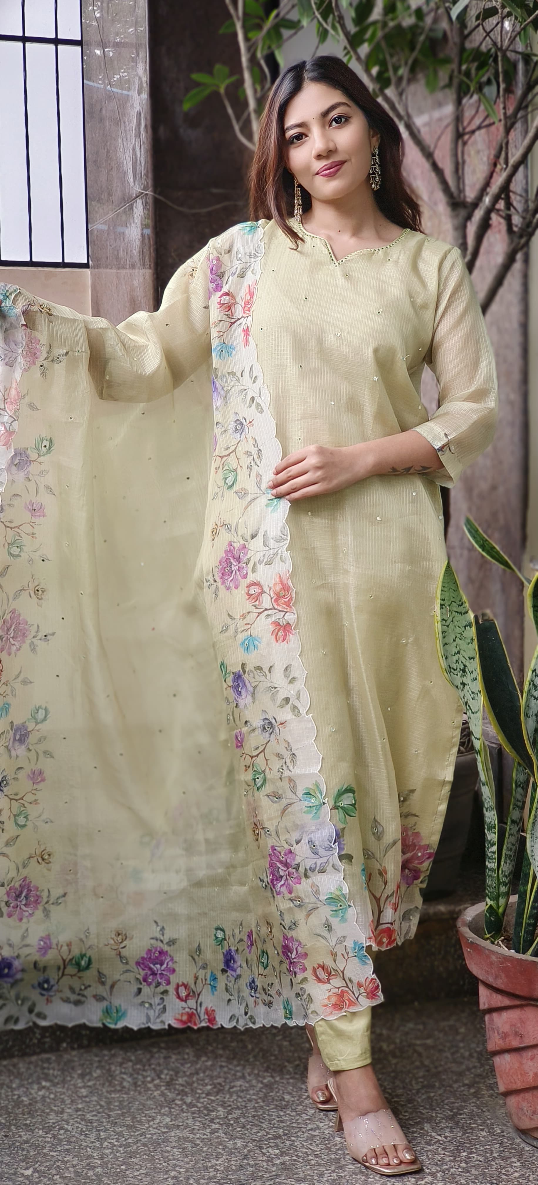 Kora Silk Checks Floral Cutwork Bordered Full Suit Set With Dupatta