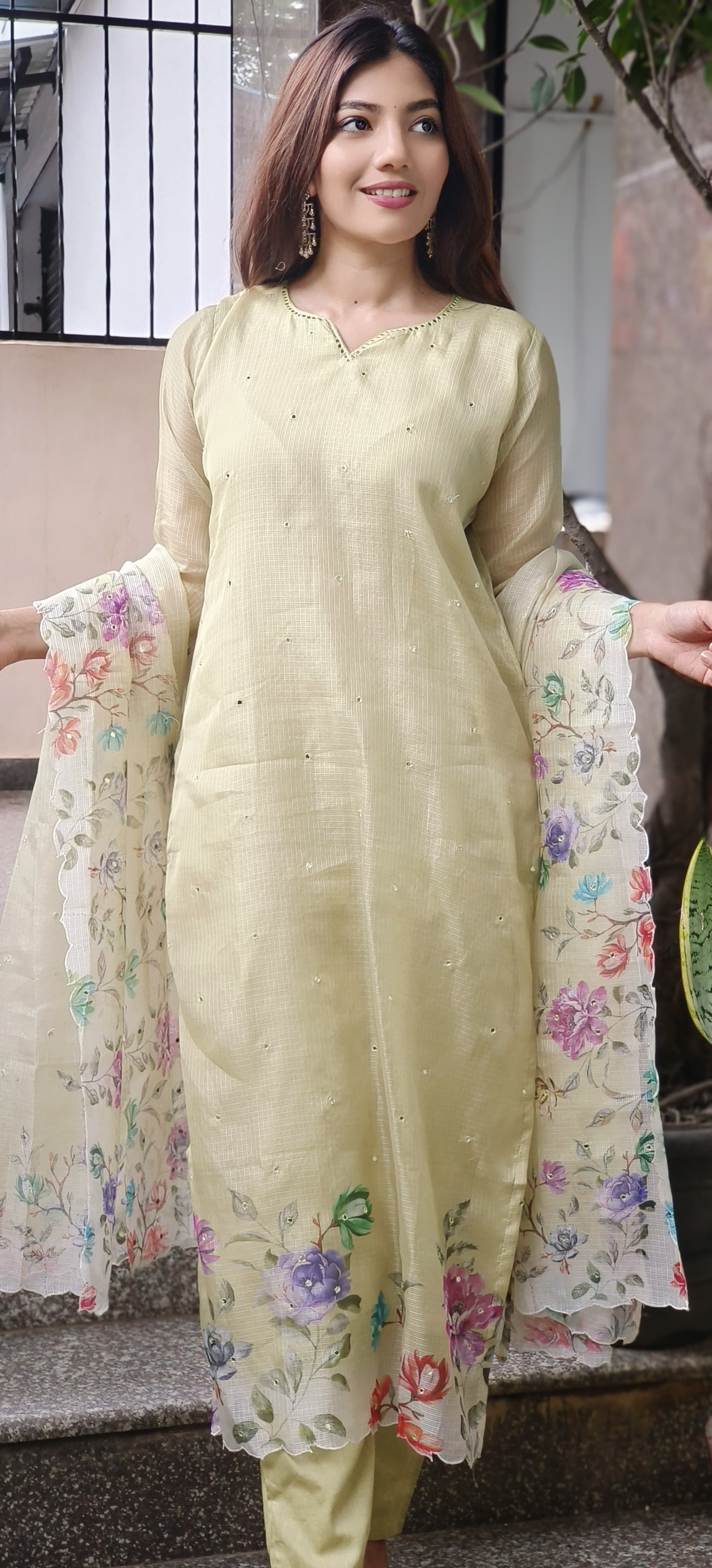 Kora Silk Checks Floral Cutwork Bordered Full Suit Set With Dupatta