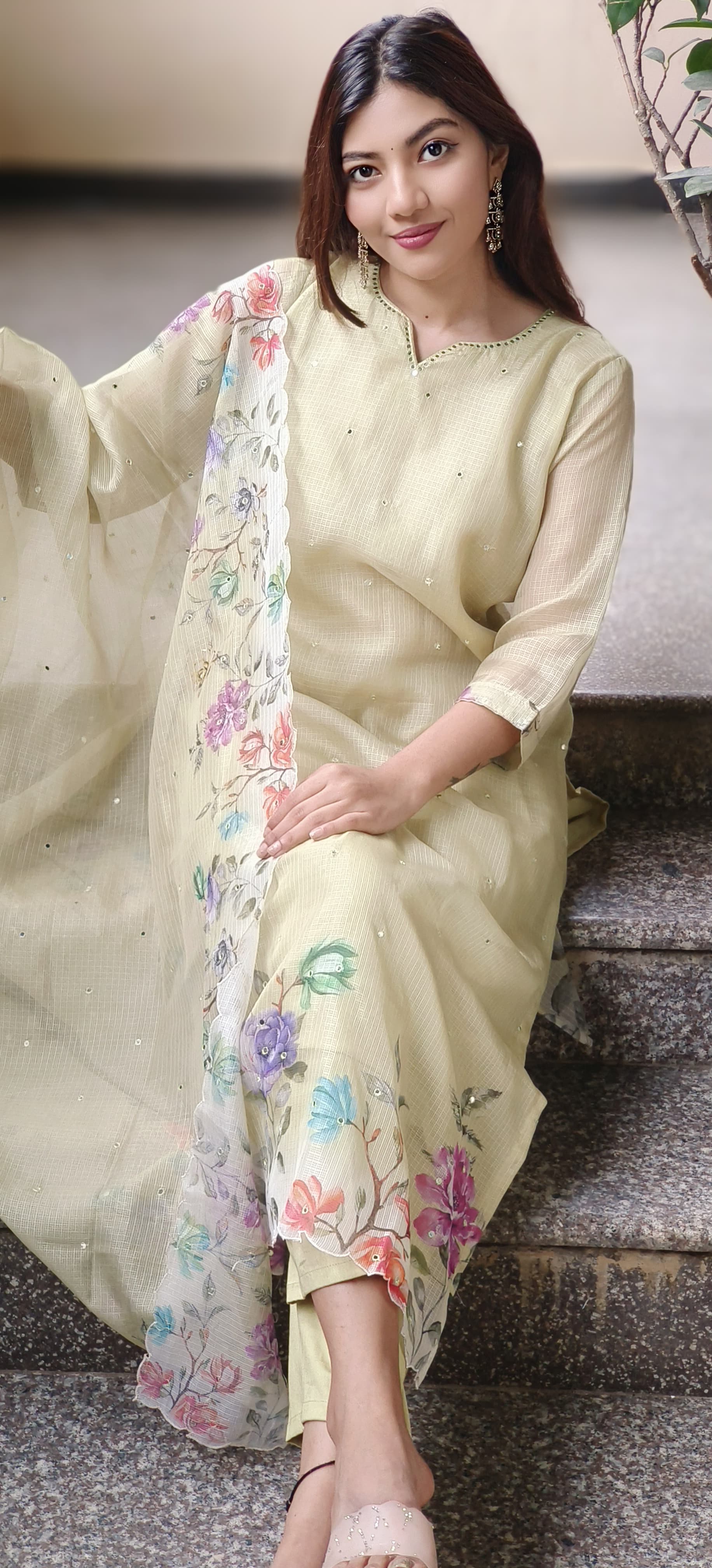 Kora Silk Checks Floral Cutwork Bordered Full Suit Set With Dupatta
