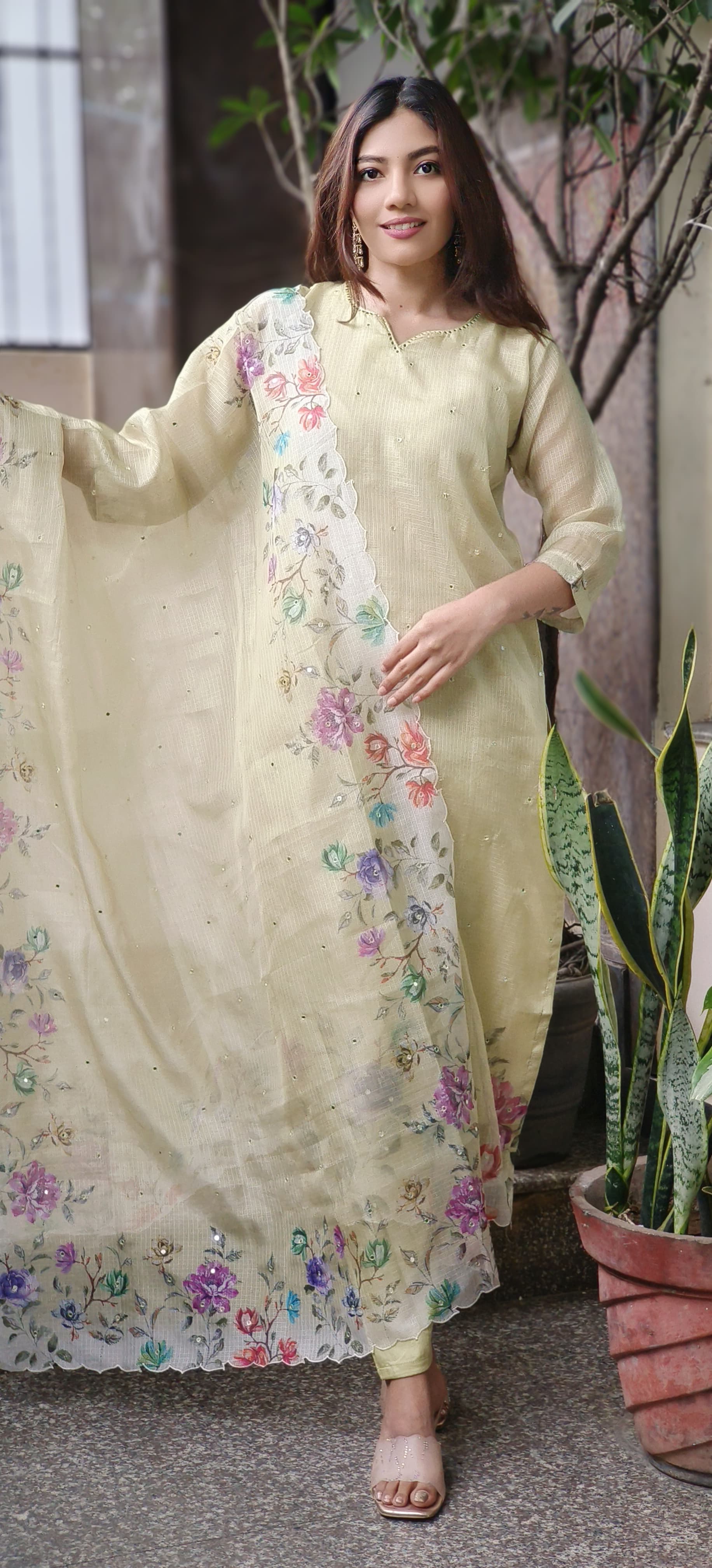Kora Silk Checks Floral Cutwork Bordered Full Suit Set With Dupatta