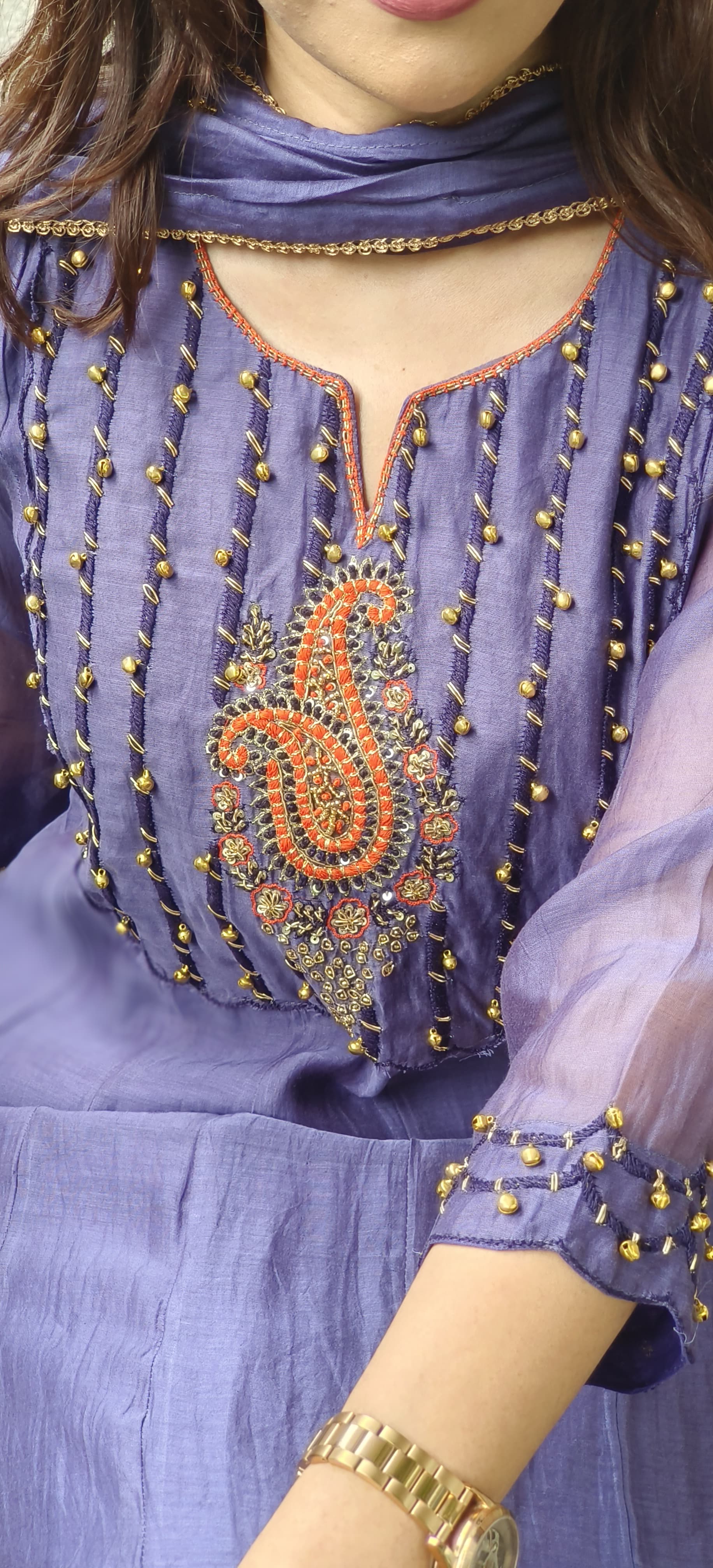 U-Neck With Ghungru Yoke A-Line Mul Chanderi Full Suit Set