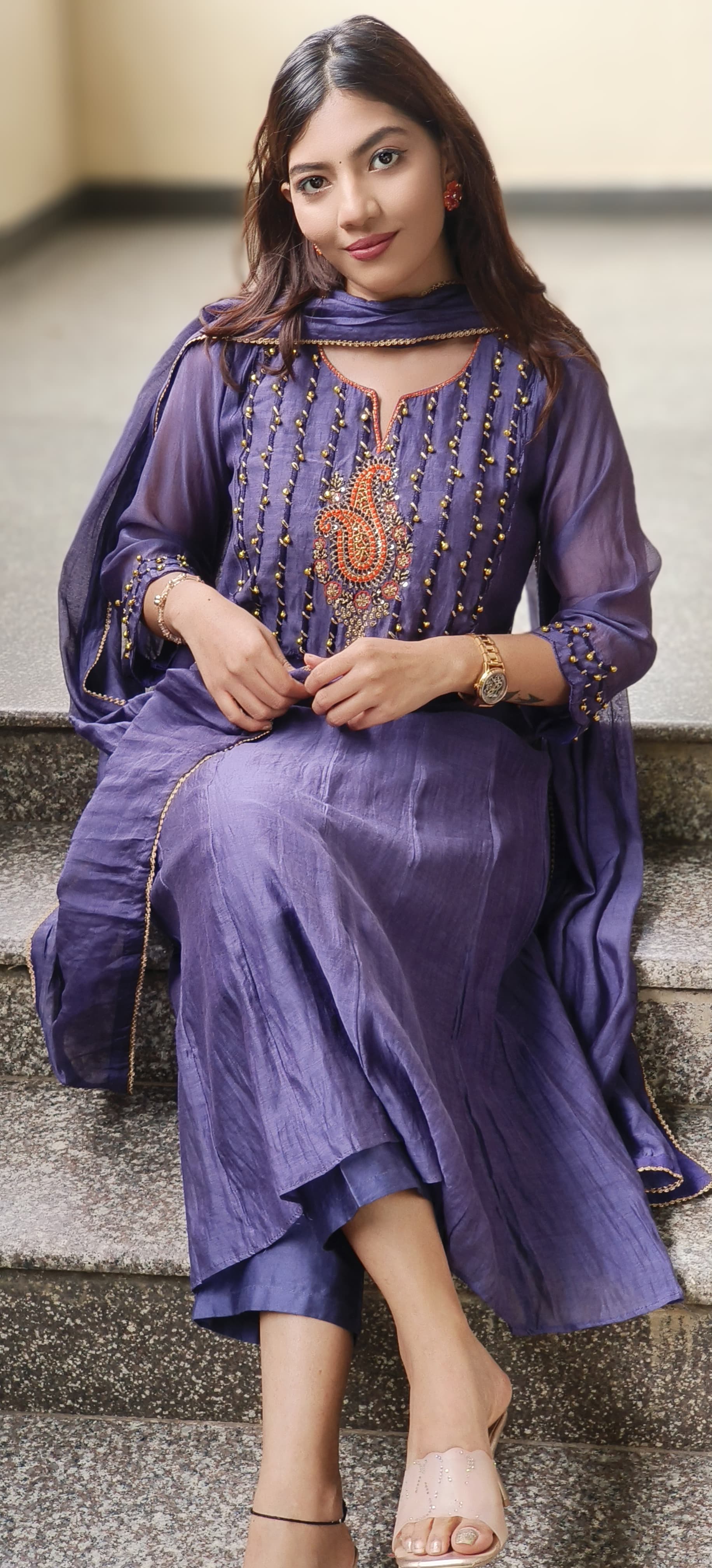 U-Neck With Ghungru Yoke A-Line Mul Chanderi Full Suit Set