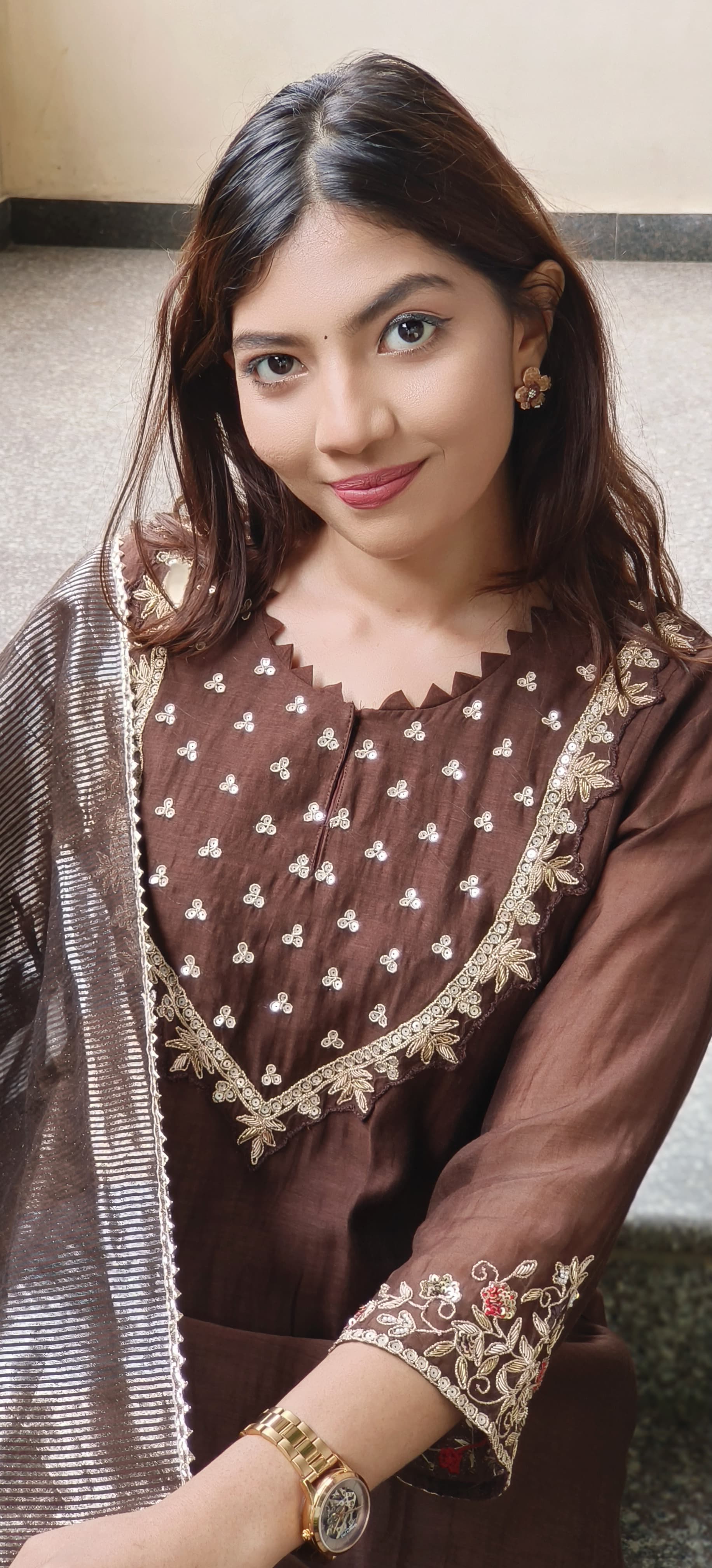 Zardosi Cutwork Front Yoke A-Line Full Suit Set With Dupatta In Mul Chanderi Fabric