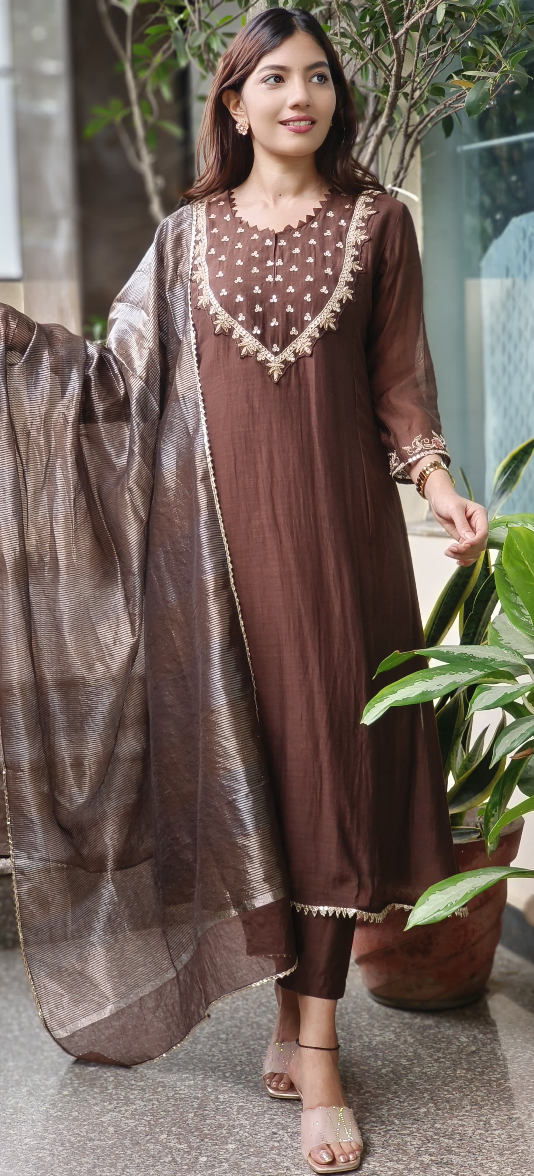 Zardosi Cutwork Front Yoke A-Line Full Suit Set With Dupatta In Mul Chanderi Fabric