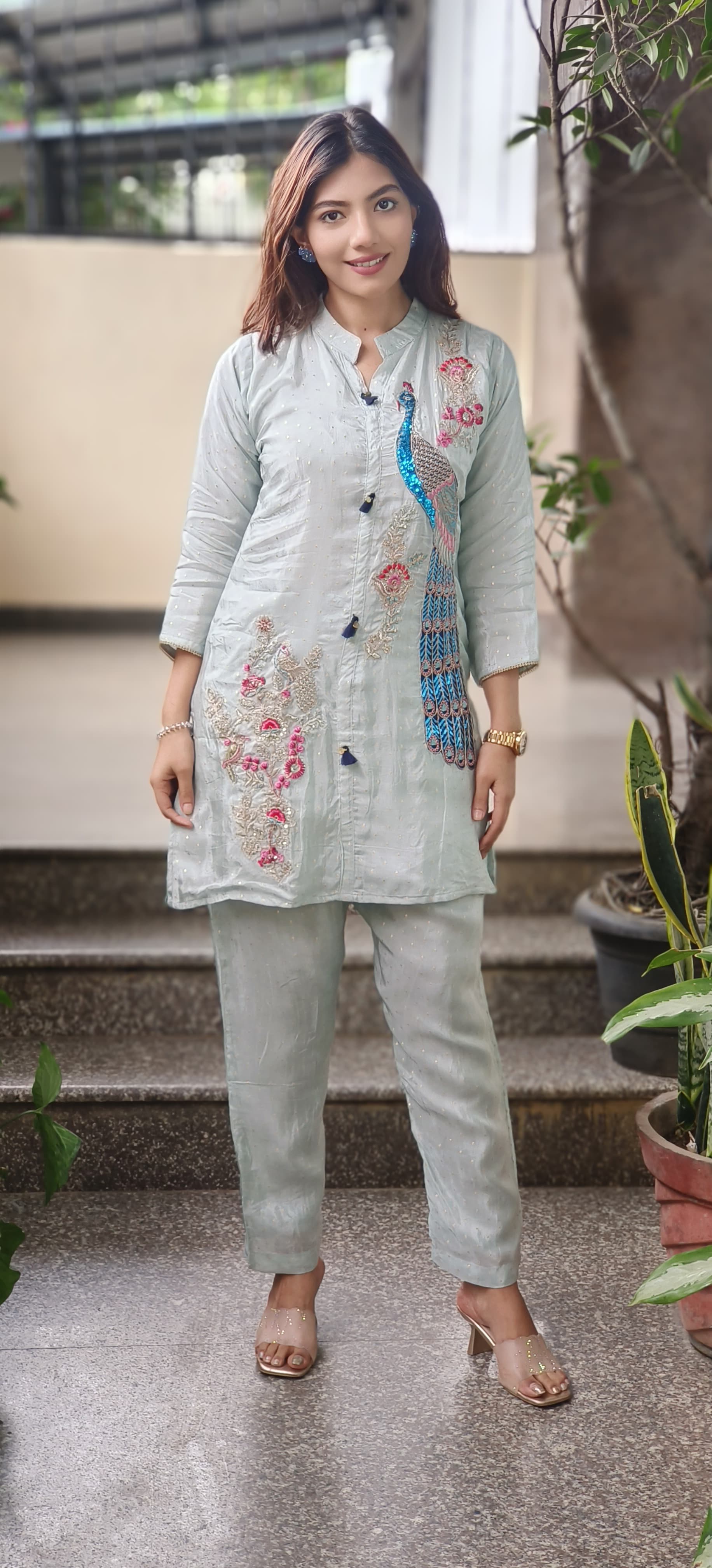 Beautiful Peacock Royal Handwork Banarasi Look Mandarin Collar Co-Ord Set