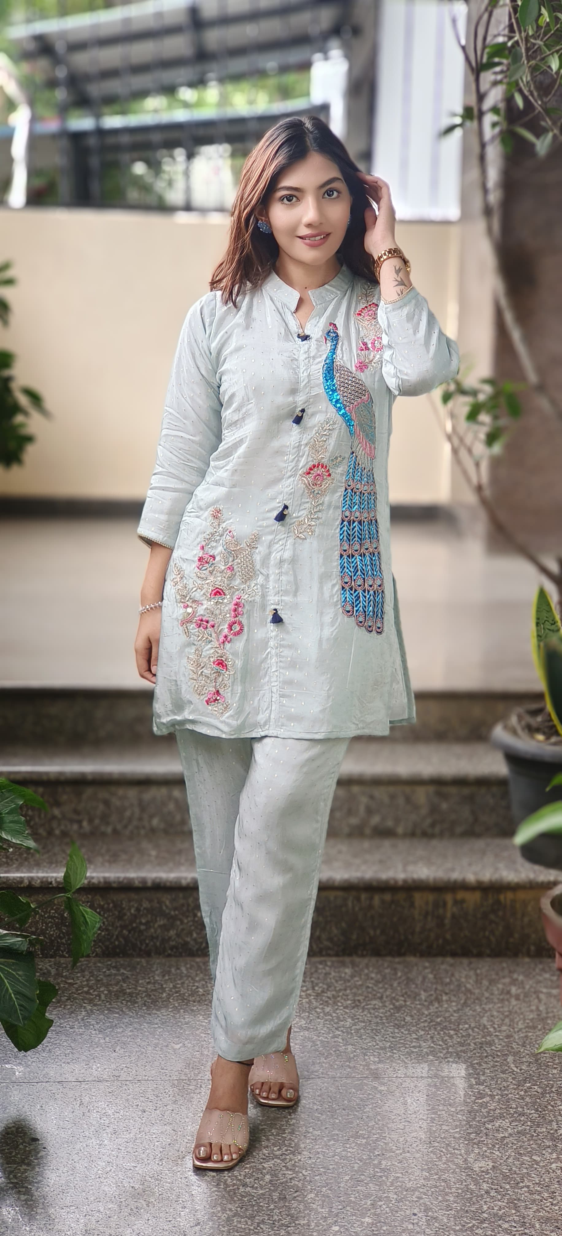 Beautiful Peacock Royal Handwork Banarasi Look Mandarin Collar Co-Ord Set