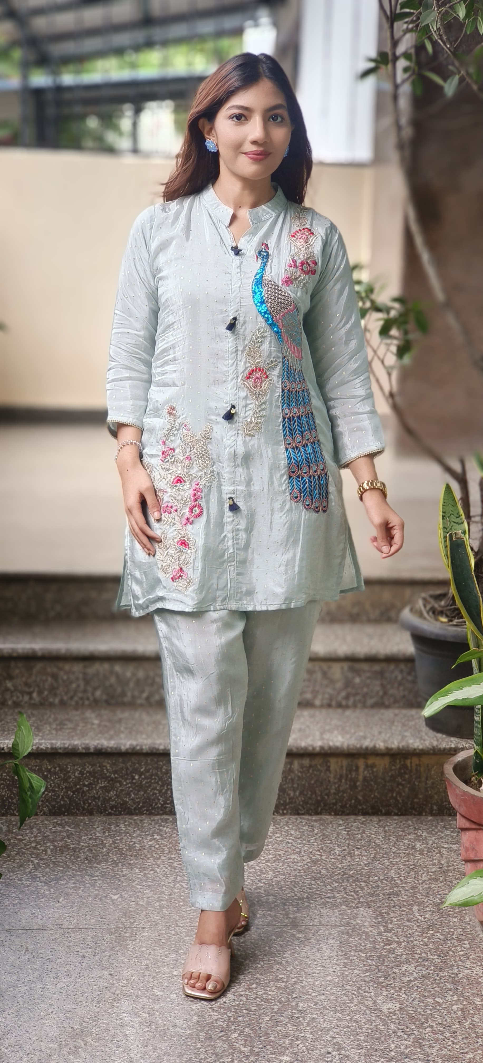 Beautiful Peacock Royal Handwork Banarasi Look Mandarin Collar Co-Ord Set