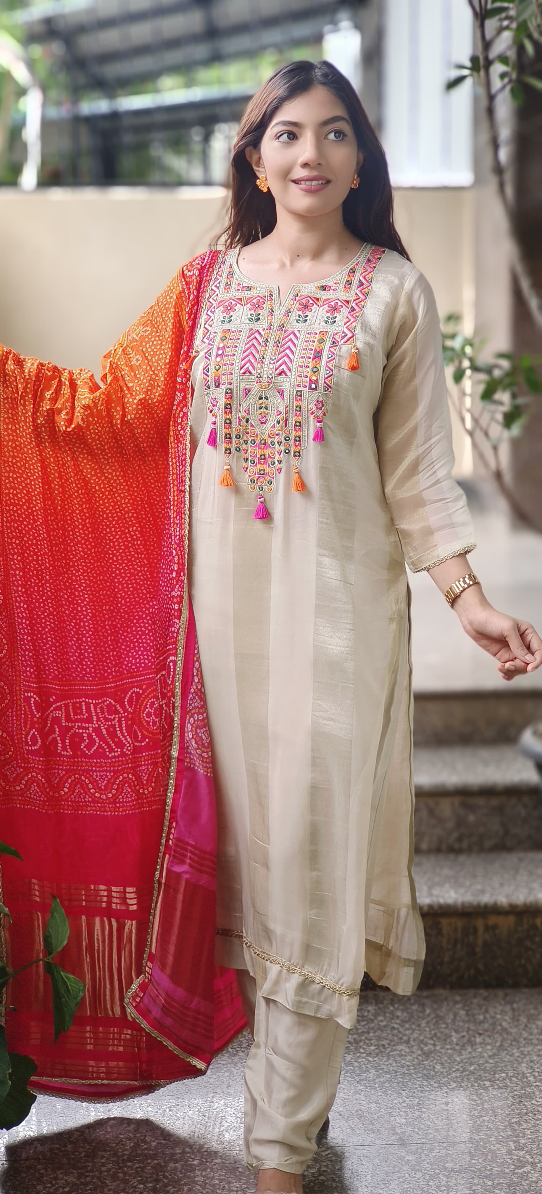 Foil Mirror Multicolored Embroidered Yoke Full Suit Set With Bandhej Dupatta In Shimmer Tissue Fabric
