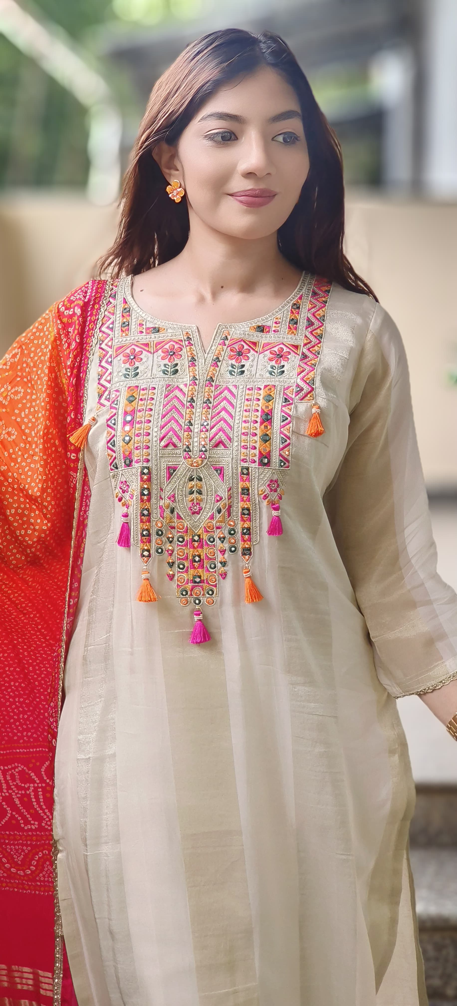 Foil Mirror Multicolored Embroidered Yoke Full Suit Set With Bandhej Dupatta In Shimmer Tissue Fabric