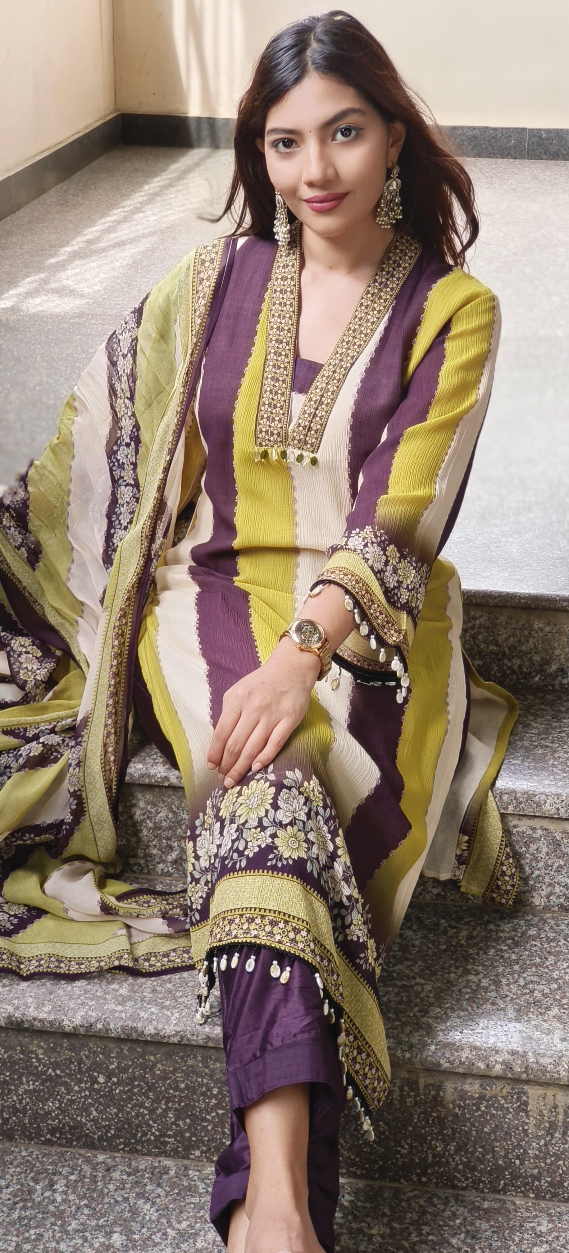 Tri Color Striped V-Neck Mul Cotton Full Suit Set With Organza Dupatta- 10532