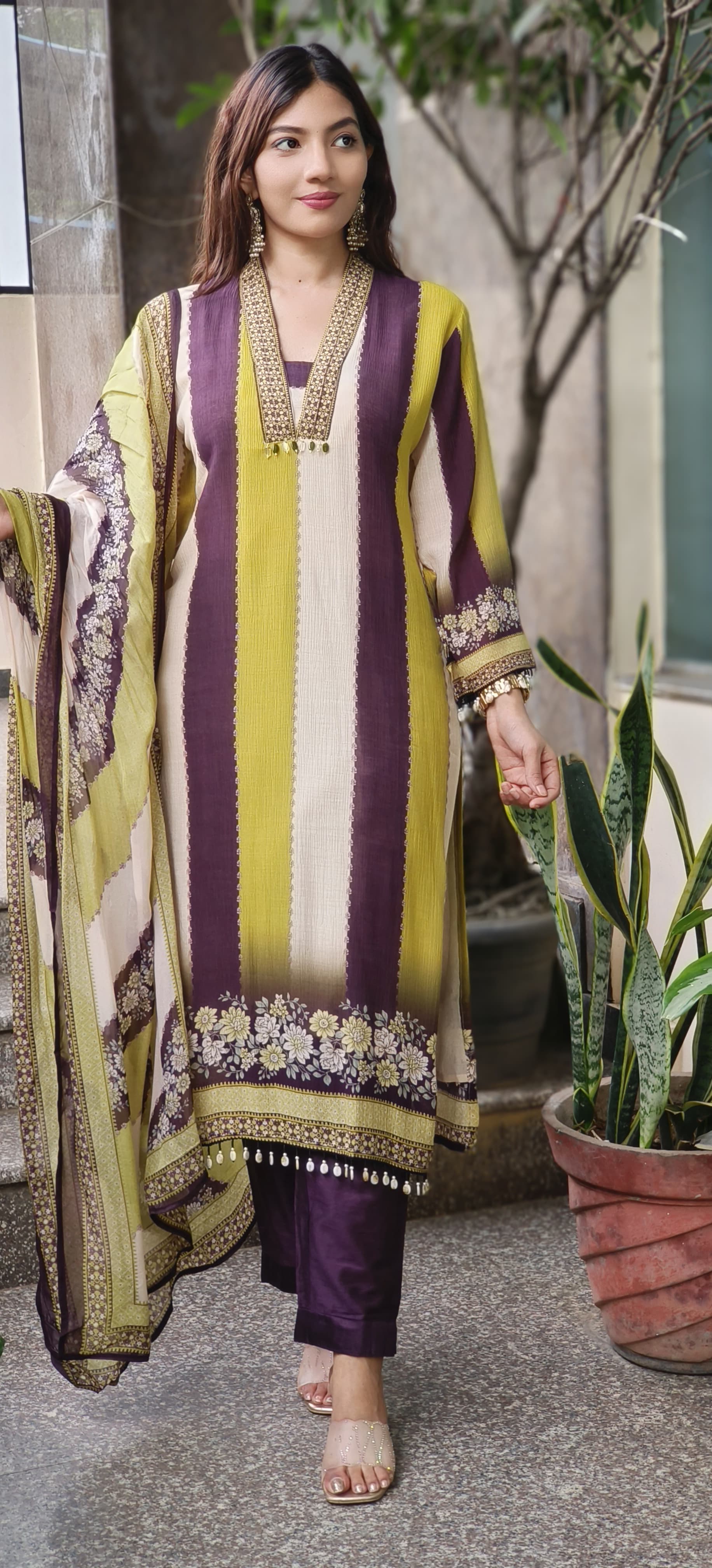 Tri Color Striped V-Neck Mul Cotton Full Suit Set With Organza Dupatta- 10532