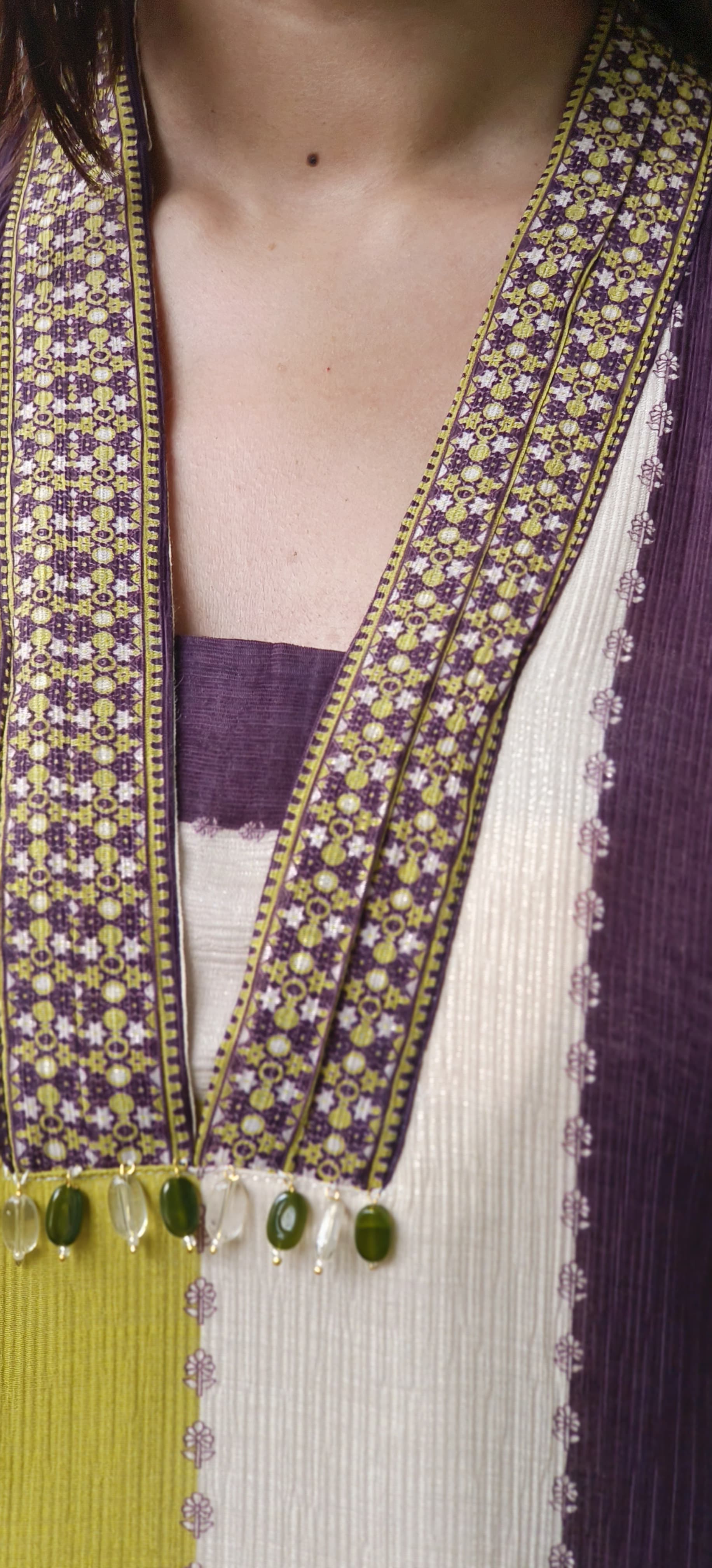 Tri Color Striped V-Neck Mul Cotton Full Suit Set With Organza Dupatta- 10532
