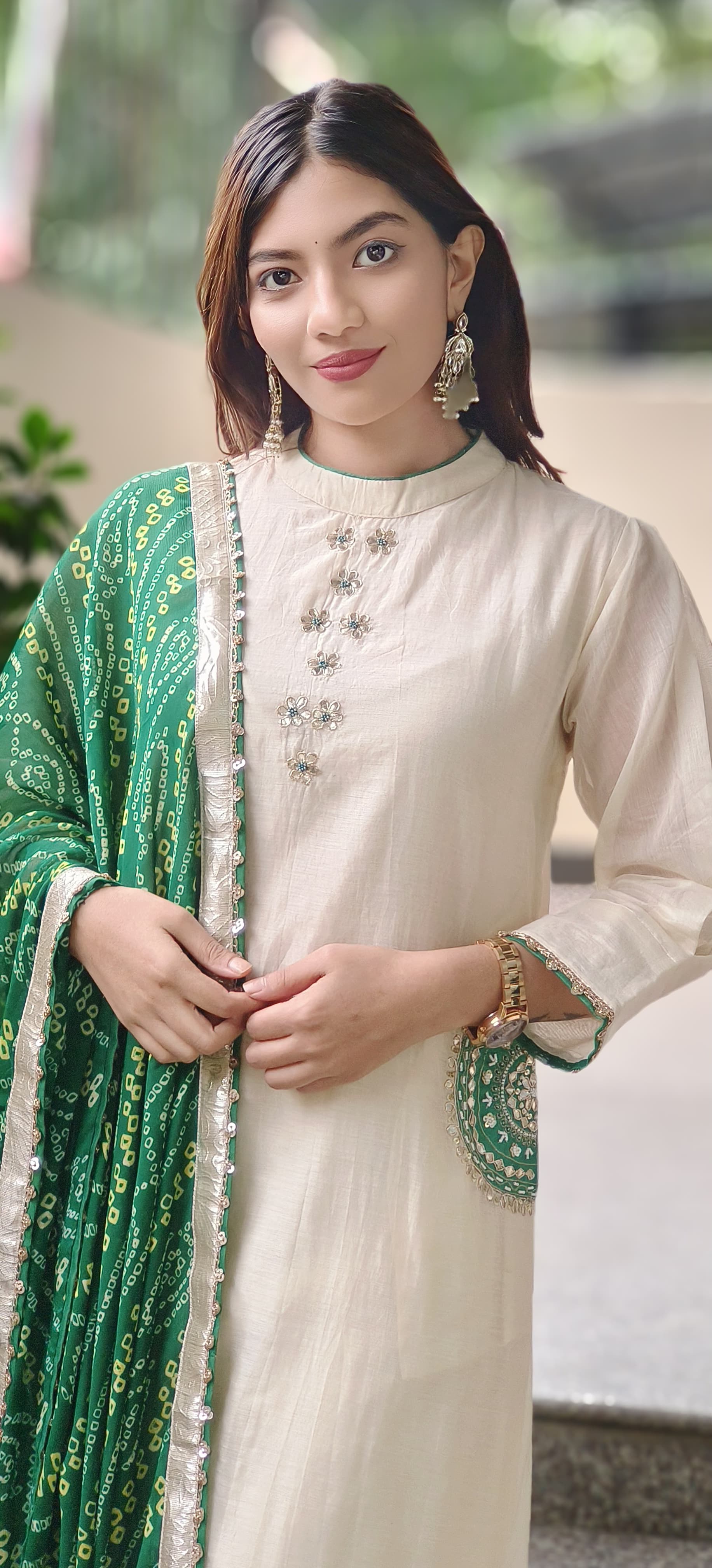 Minimal Work High & Low A-Line Full Suit Set With Bandhej Dupatta In Mul Chanderi Fabric