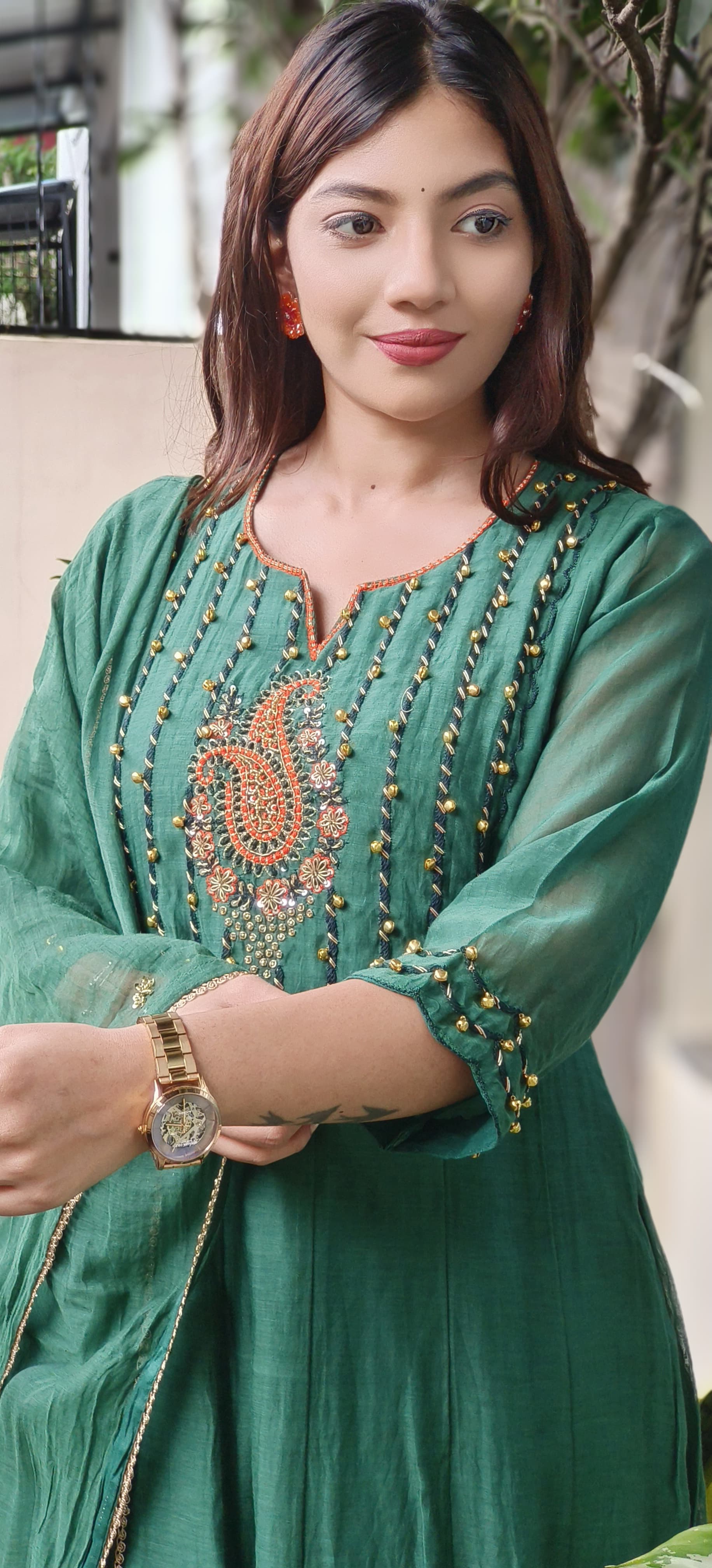 U-Neck With Ghungru Yoke A-Line Mul Chanderi Full Suit Set