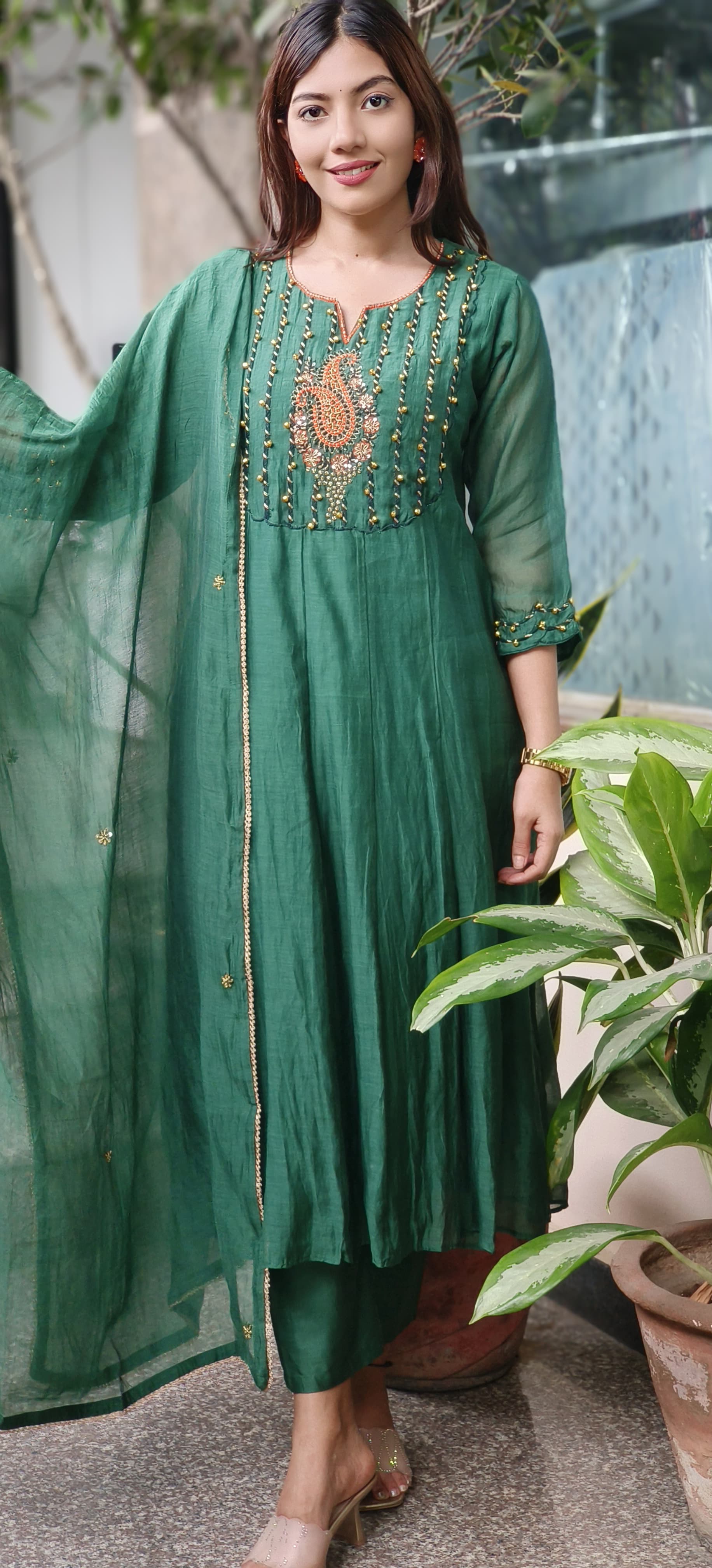 U-Neck With Ghungru Yoke A-Line Mul Chanderi Full Suit Set