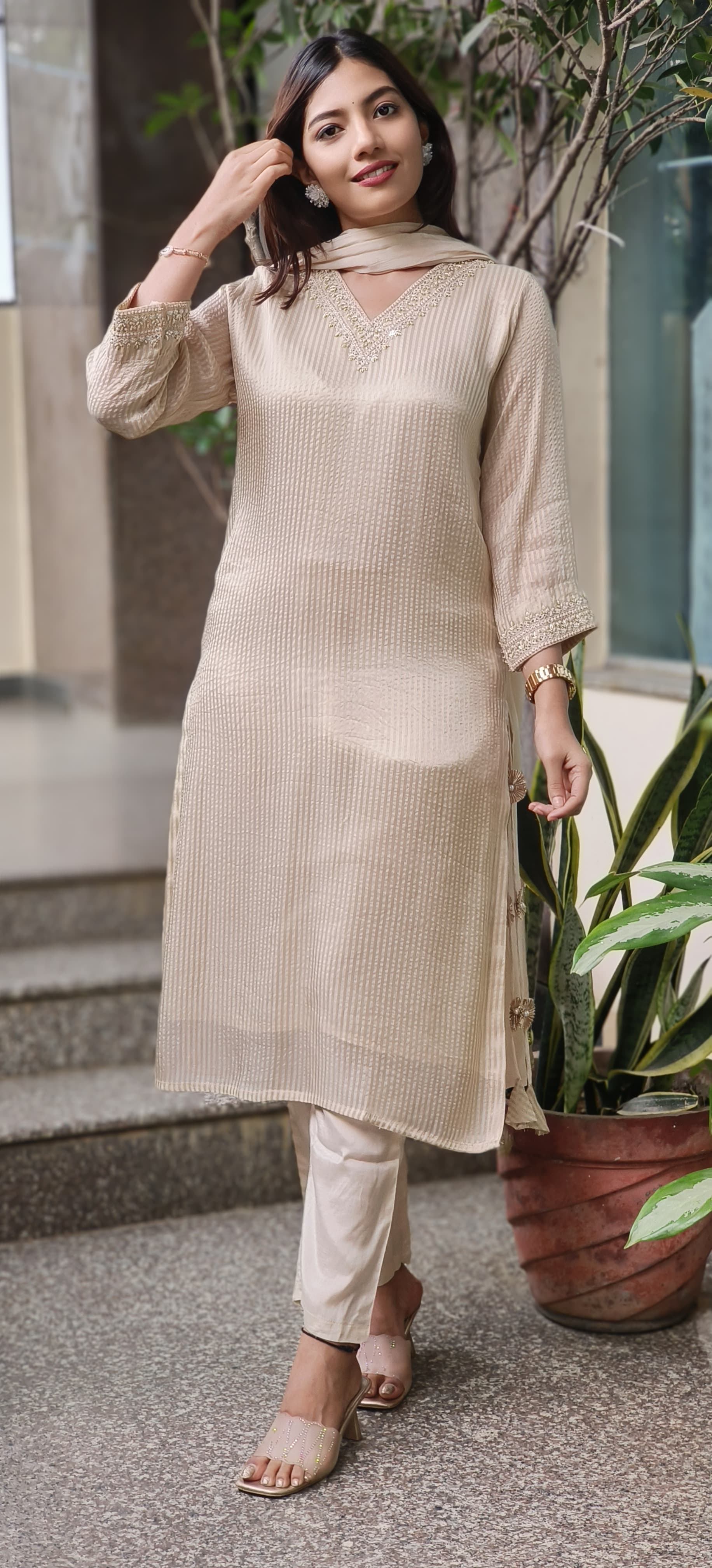 Pastel Glance V-Neck Beautiful Handwork Striped Tissue Full Suit Set With Dupatta- 10504(Dispatching after 15 days)