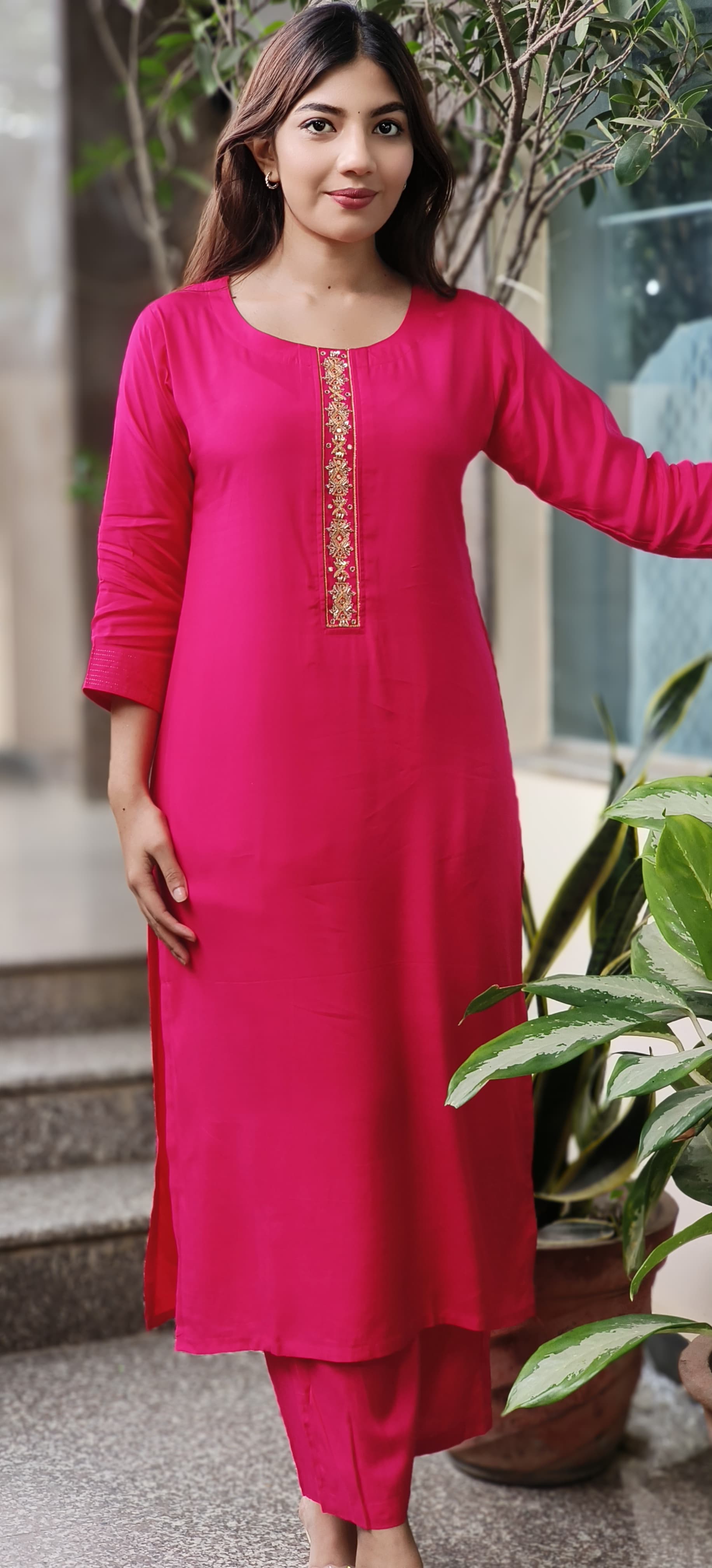 Minimal Embroidery Solid Straight Kurta Pant Set In Muslin Fabric(Lean Fit)
