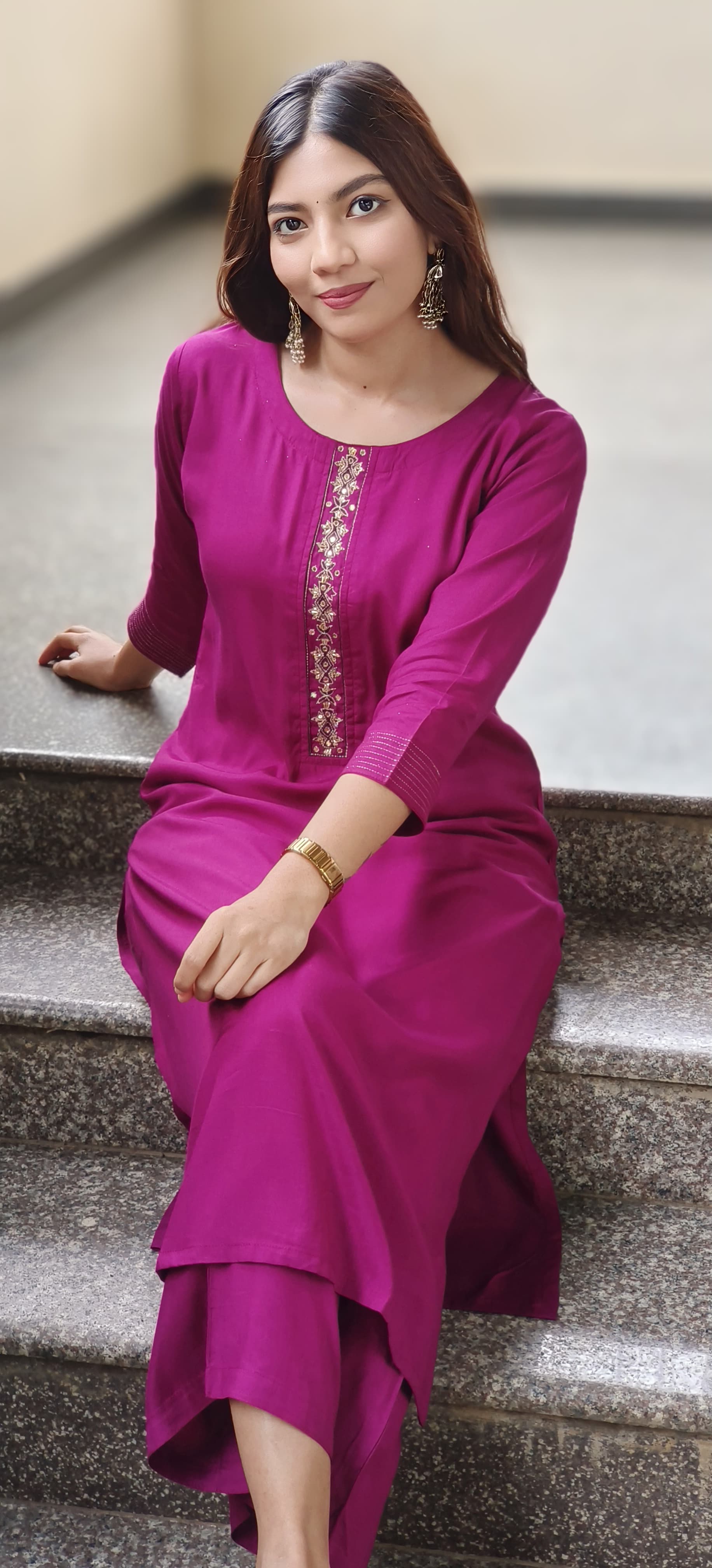 Minimal Embroidery Solid Straight Kurta Pant Set In Muslin Fabric(Lean Fit)